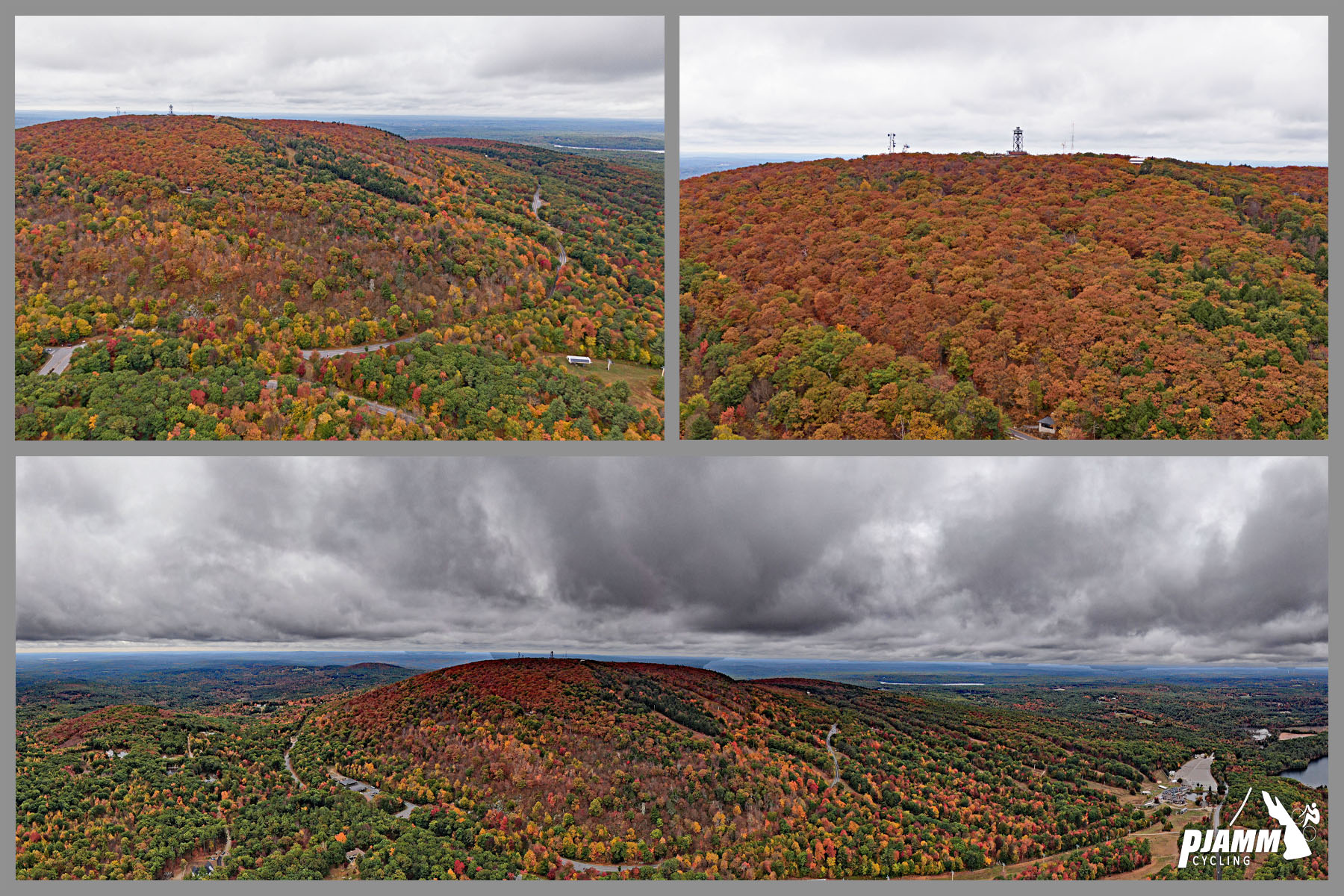 Cycling Wachusett Mountain East, Massachusetts Cycling Wachusett Mountain East, Massachusetts - aerial view from the summit shows 360 views of fall foliage, PJAMM Cycling logo in corner
