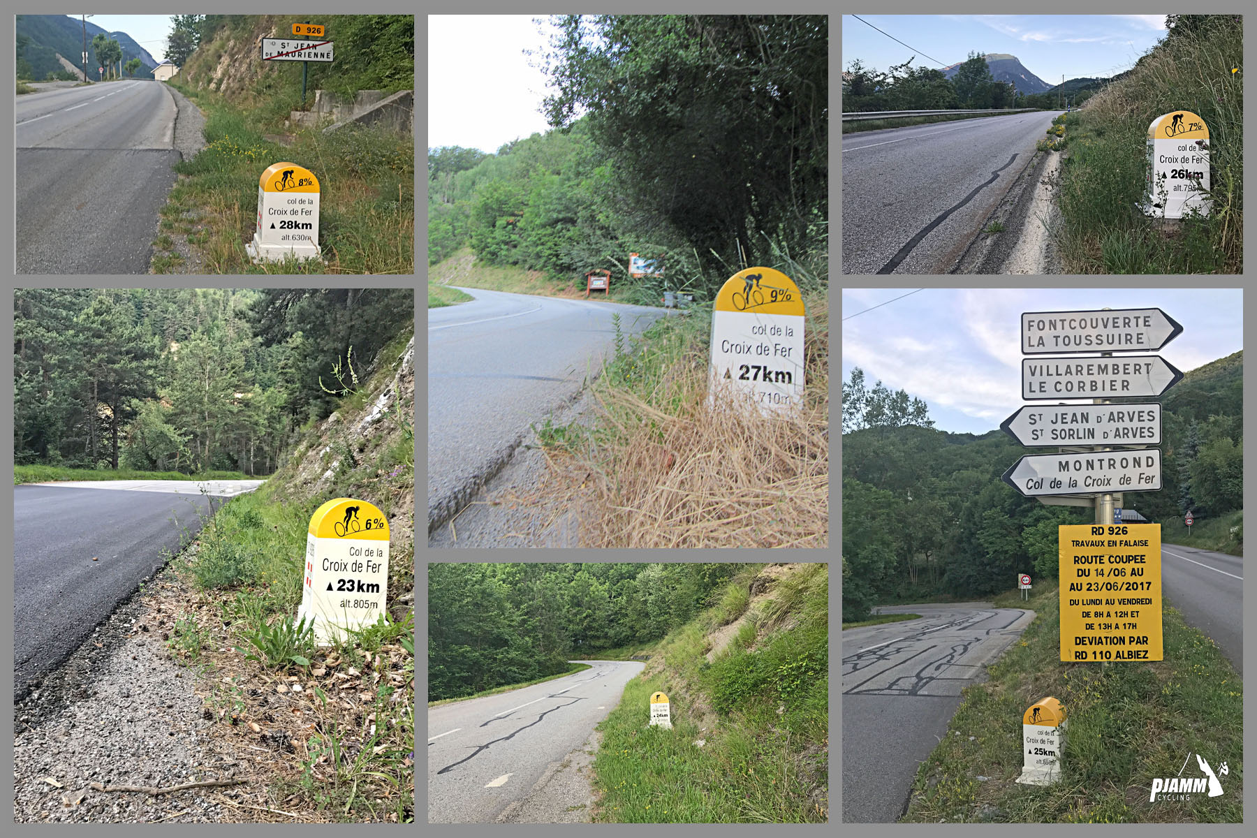 Cycling Col d la Croix de Fer from Saint-Jean-de-Maurienne - photo collage shows KM markers along the climb