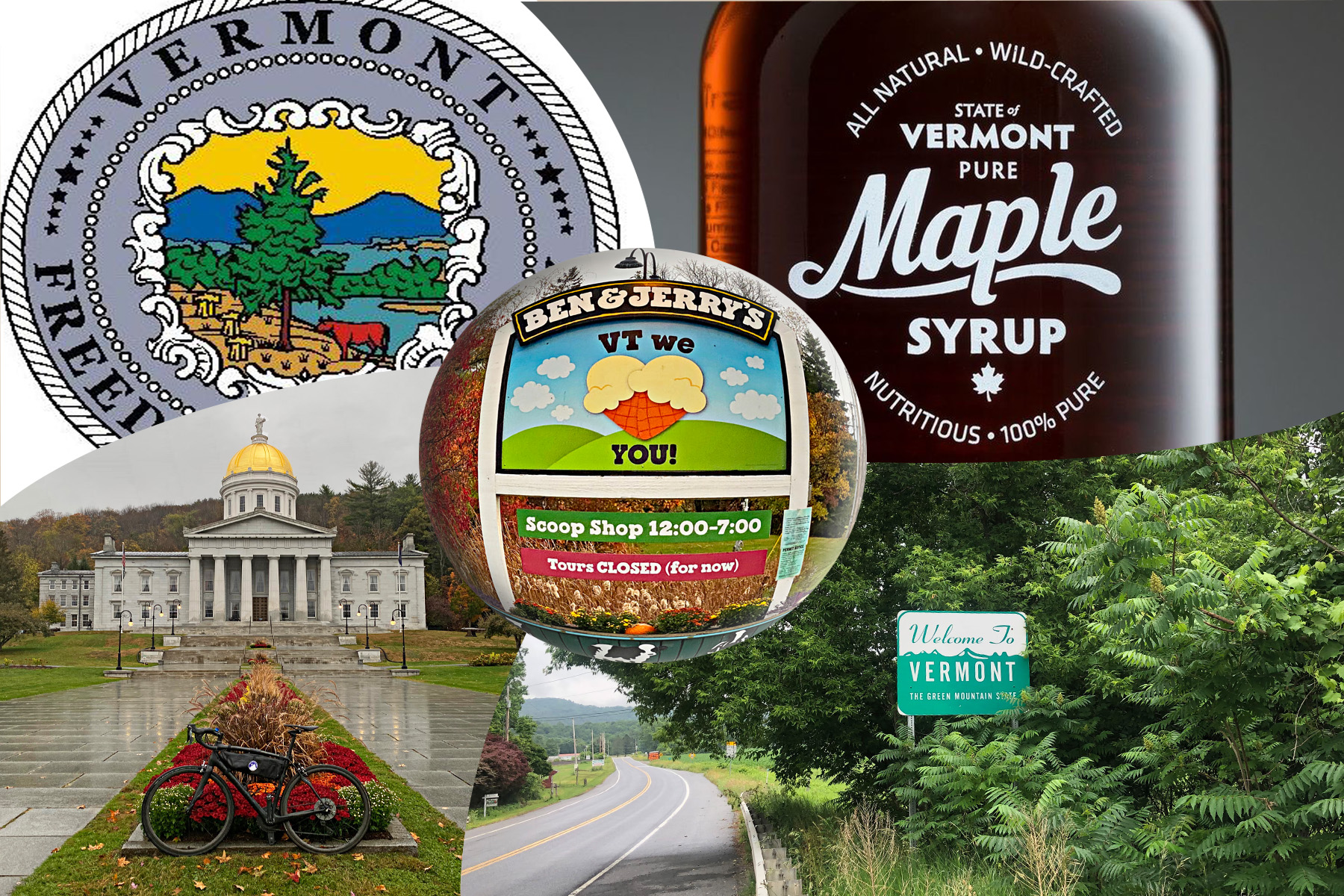 Cycling Vermont - photo collage, Ben & Jerry's, Vermont Seal, Vermont maple syrup, Vermont capitol building, PJAMM Cycling logo