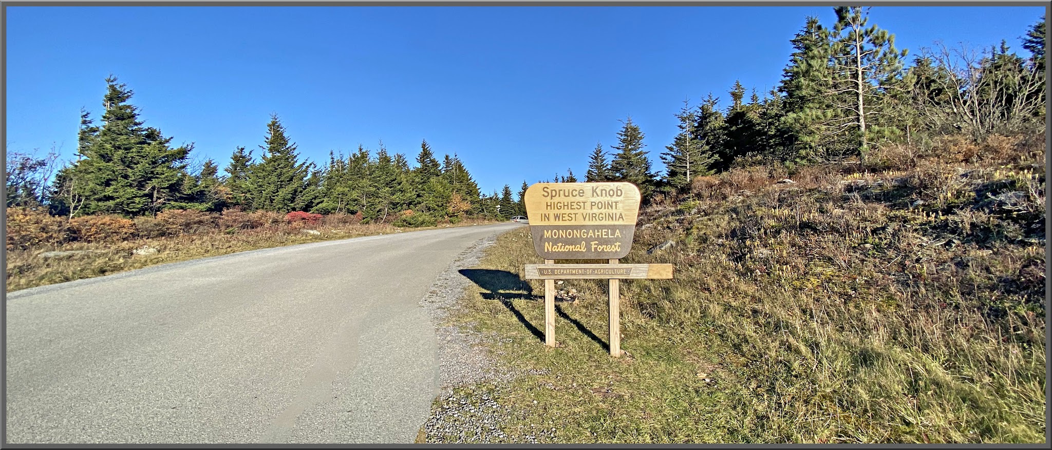 Cycling Spruce Knob, West Virginia - sign for Spruce Knob, Highest Point in West Virginia, Monongahela National Forest