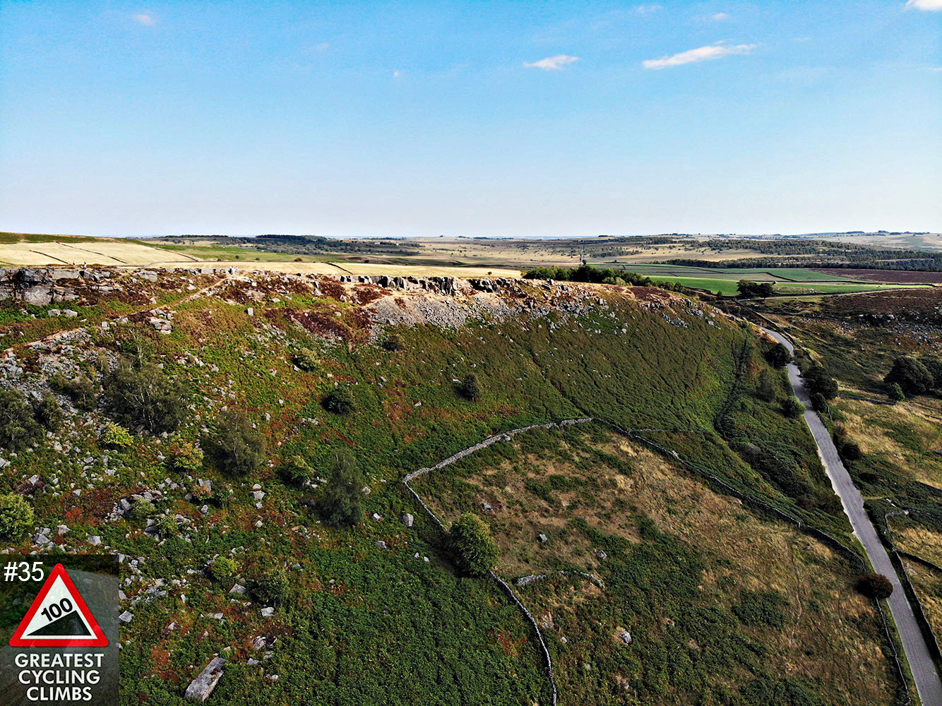 Cycling Curbar Edge, England - aerial view looking down over hillside from top of climb, blue sky, green brush covered hillside, Simon Warren's 100 Greatest Cycling Climbs #35 logo in corner