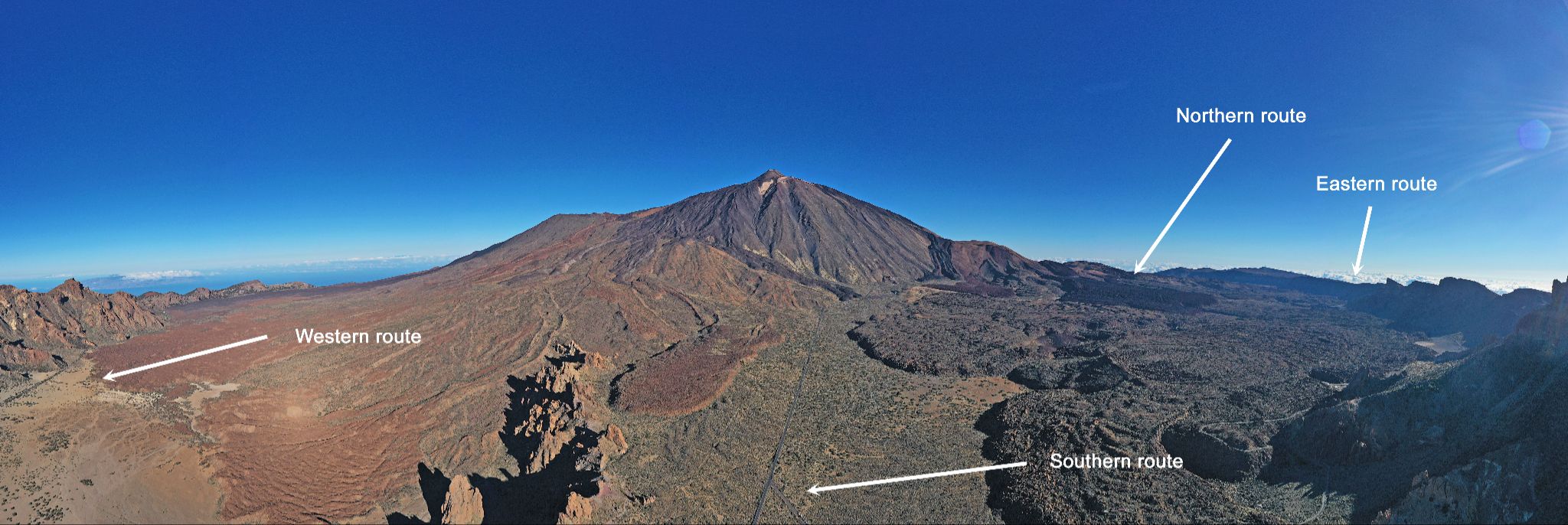 panoramic view shows routes up the mountain