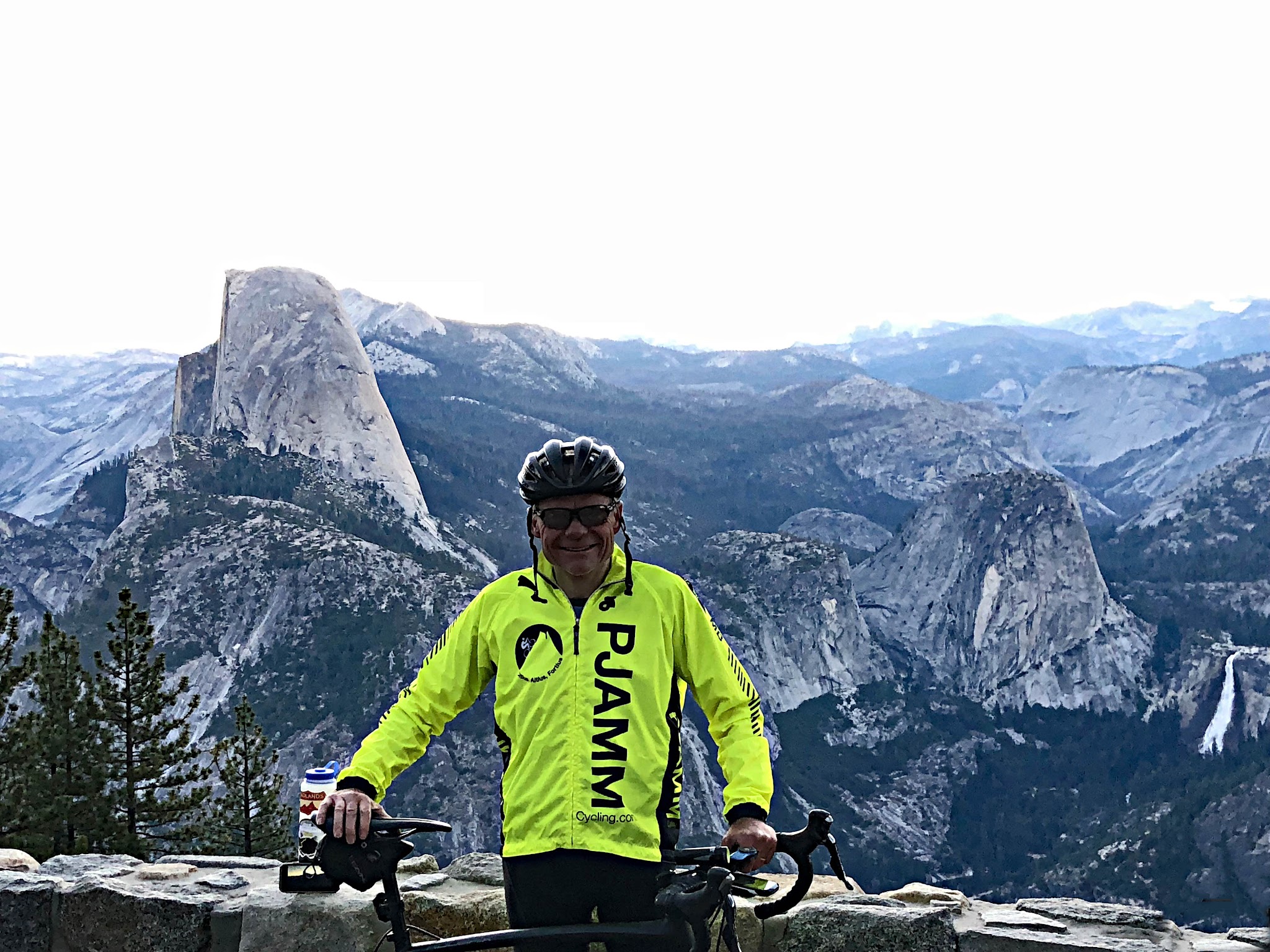 Bicycle and Hike - Yosemite Valley to Glacier Point to Half Dome - John Johnson PJAMM at Glacier Point with bike - Half Dome, Vernal Falls, Nevada Falls