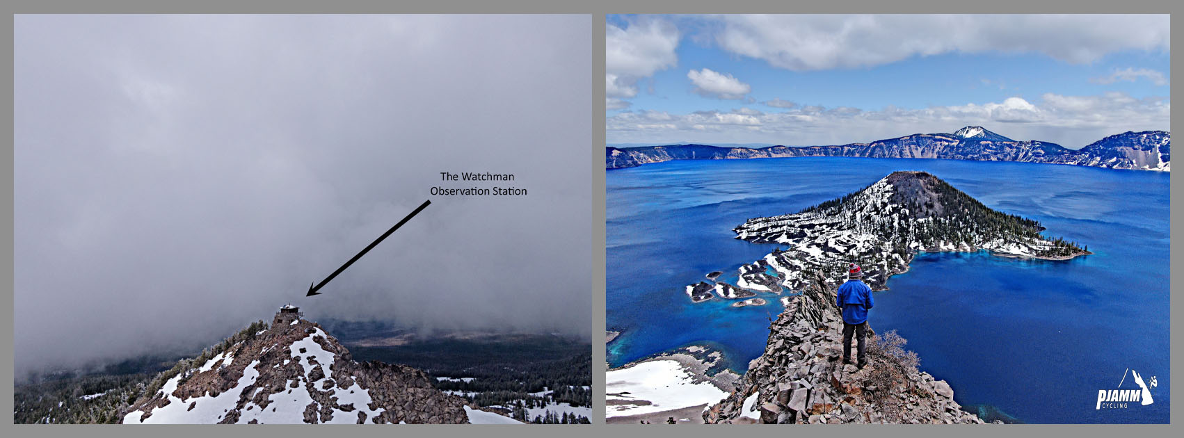 hiking in Crater Lake National Park; the watchman observation station as seen at the top of the peak on a foggy day