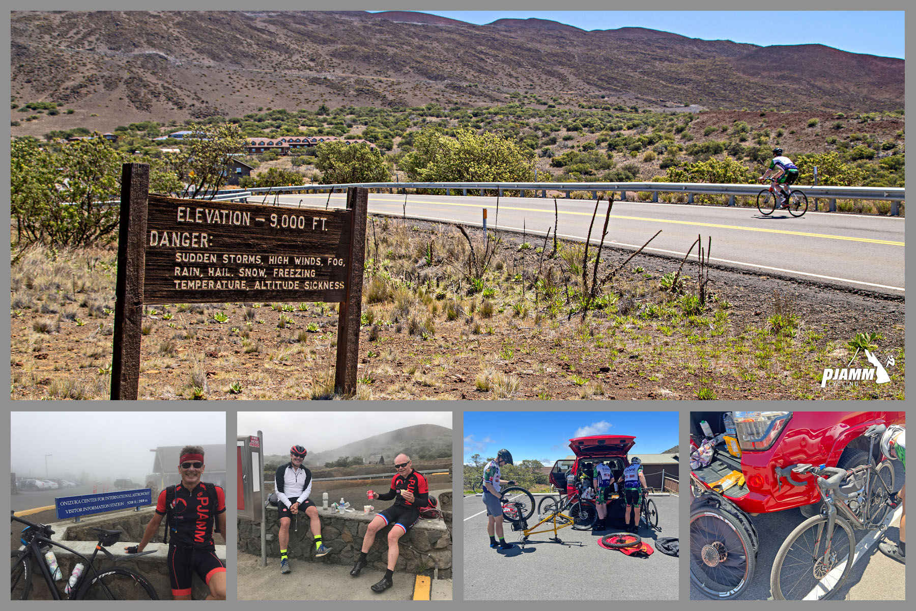 photo collage shows PJAMM Cyclists taking a break at the visitor's center