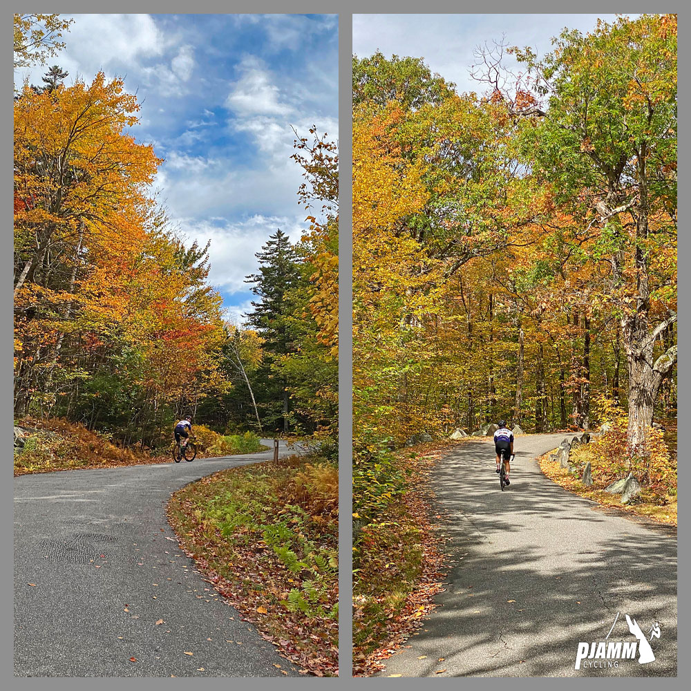 Cycling Kearsarge Mountain Road, New Hampshire - PJAMM Cyclists riding on bike path through dense bright yellow fall foliage 
