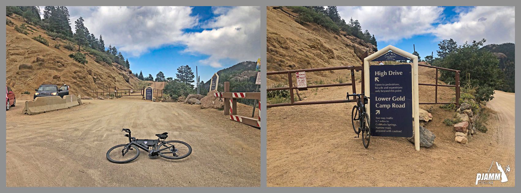 Cycling North Cheyenne Cañon, Colorado Springs - PJAMM Cycling logo in corner, bike laying down in center of parking lot area, dirt road, bike parked next to sign for High Drive and Lower Gold Camp Road