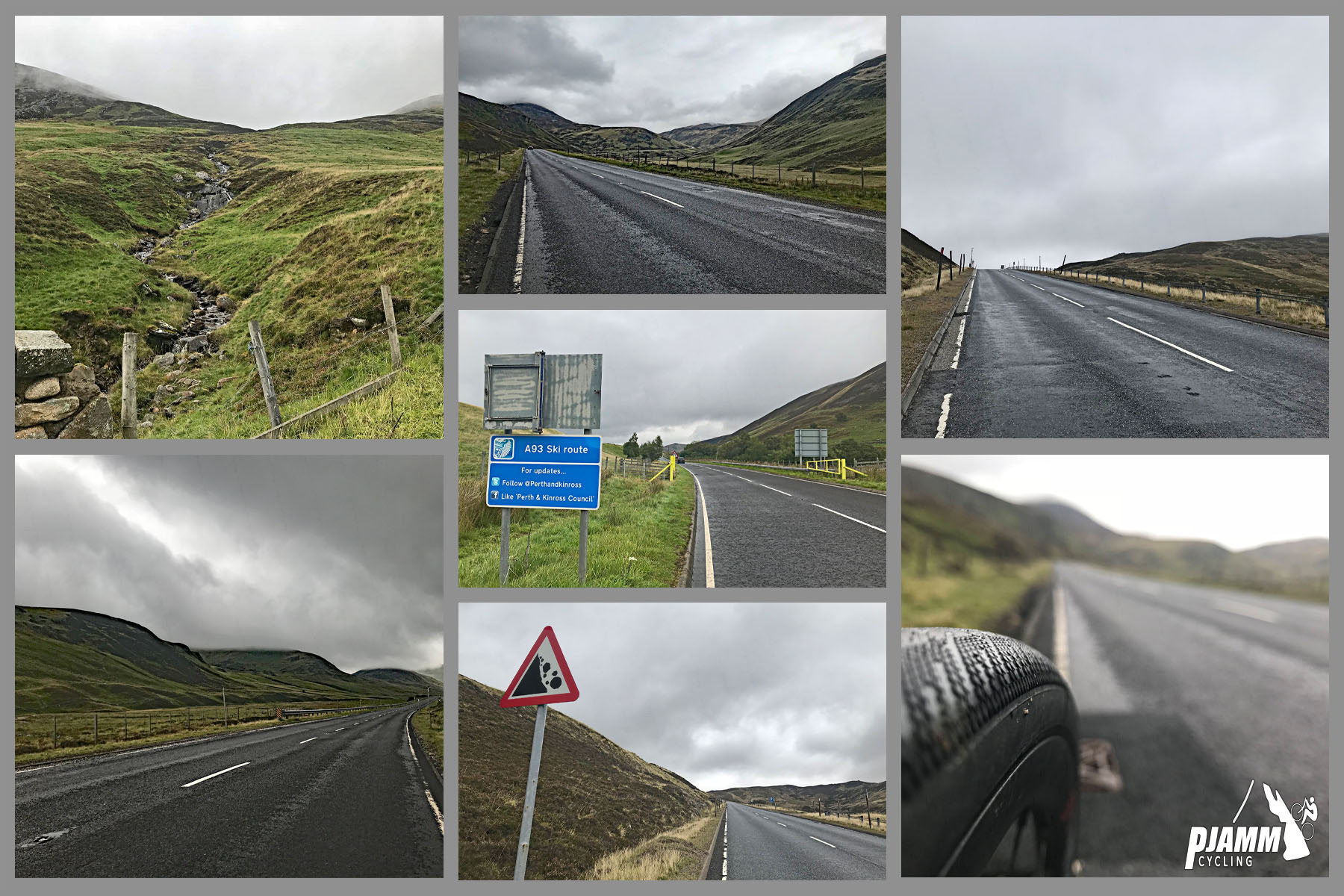 Cycling The Cairnwell, Scotland - stretches of straight, two-lane roadway along green rolling hillsides, craggy creek-bed along hillsides, road sign noting falling rocks in the area, PJAMM Cycling logo in corner