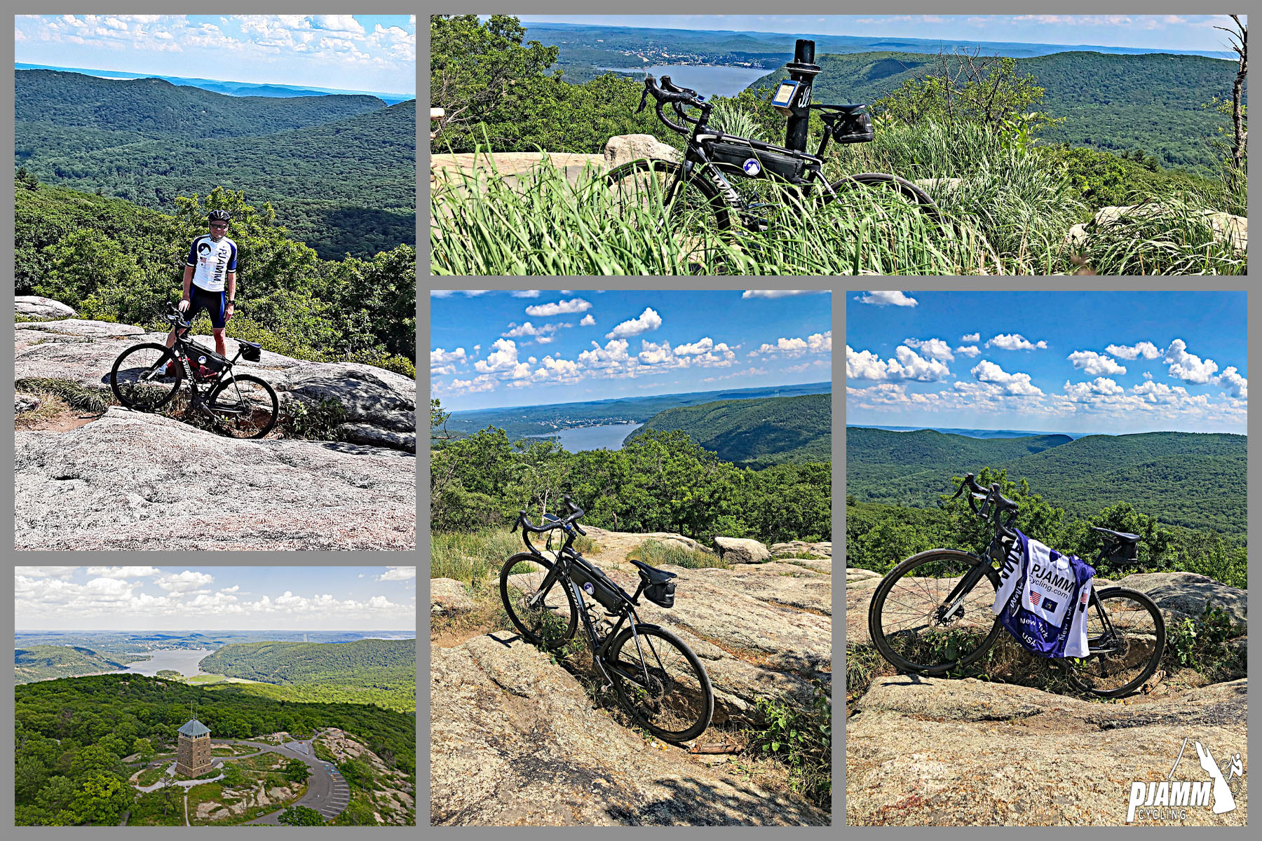 Cycling Bear Mountain, New York - photo collage, Perkins Memorial as seen from above, bike parked in rocks overlooking hillside, PJAMM Cycling logo in corner