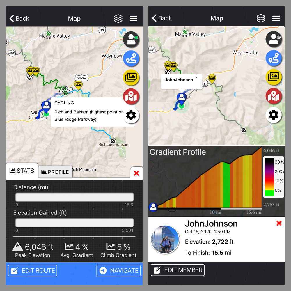 Cycling Richland Balsam, Blue Ridge Parkway - PJAMM Adventure App shows climb grade and profile at beginning of climb