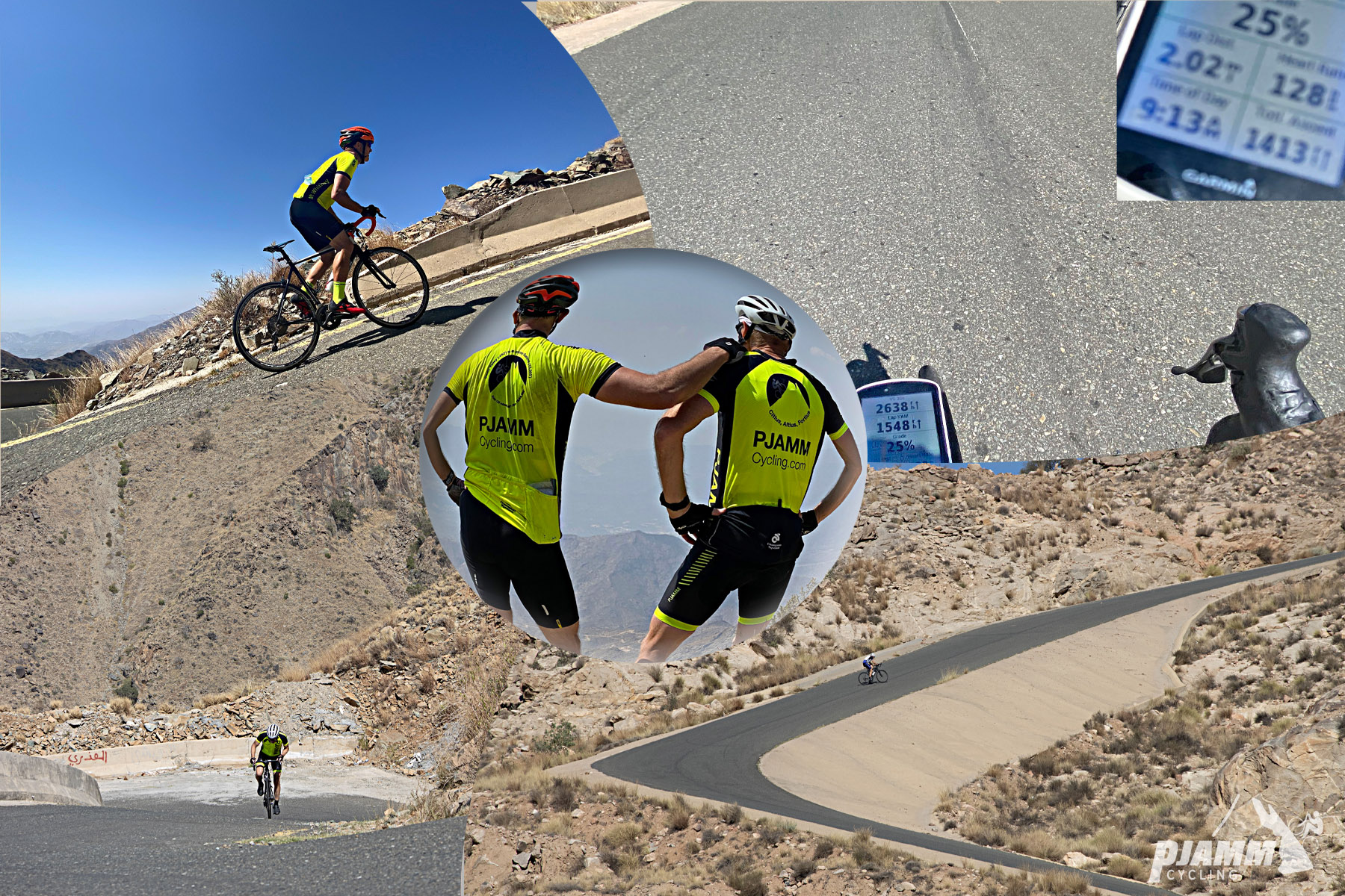 Asir Mountains, Saudi Arabia Asir Mountains, Saudi Arabia - photo collage, PJAMM Cyclists stand at lookout point looking down on Asir Mountains, cyclist rides up extremely steep portion of mountain roadway, view looking down on PJAMM Cyclist riding on straight segement of steep roadway from above