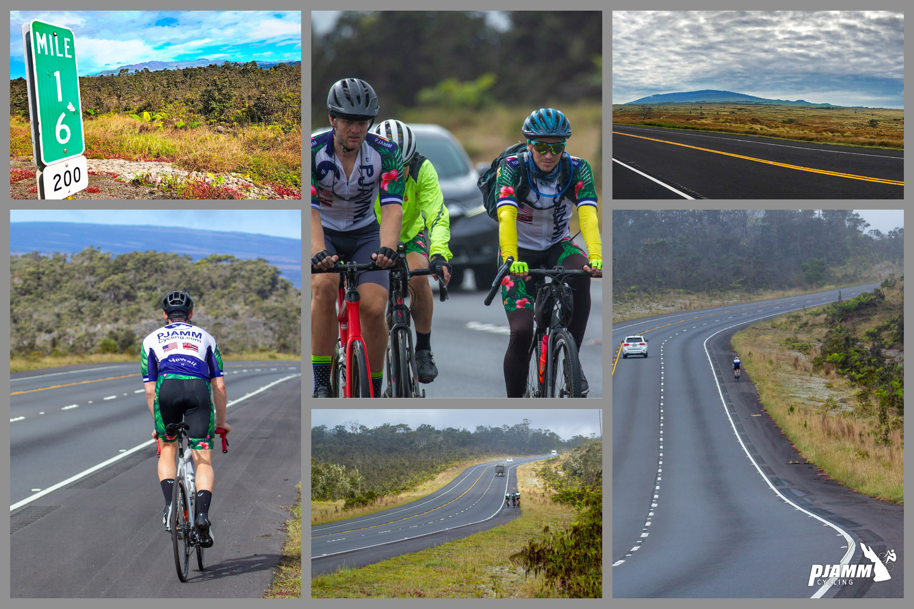 photo collage shows PJAMM Cyclists riding Saddle Road on a clear day, Mauna Kea visible in distance; mile marker 16