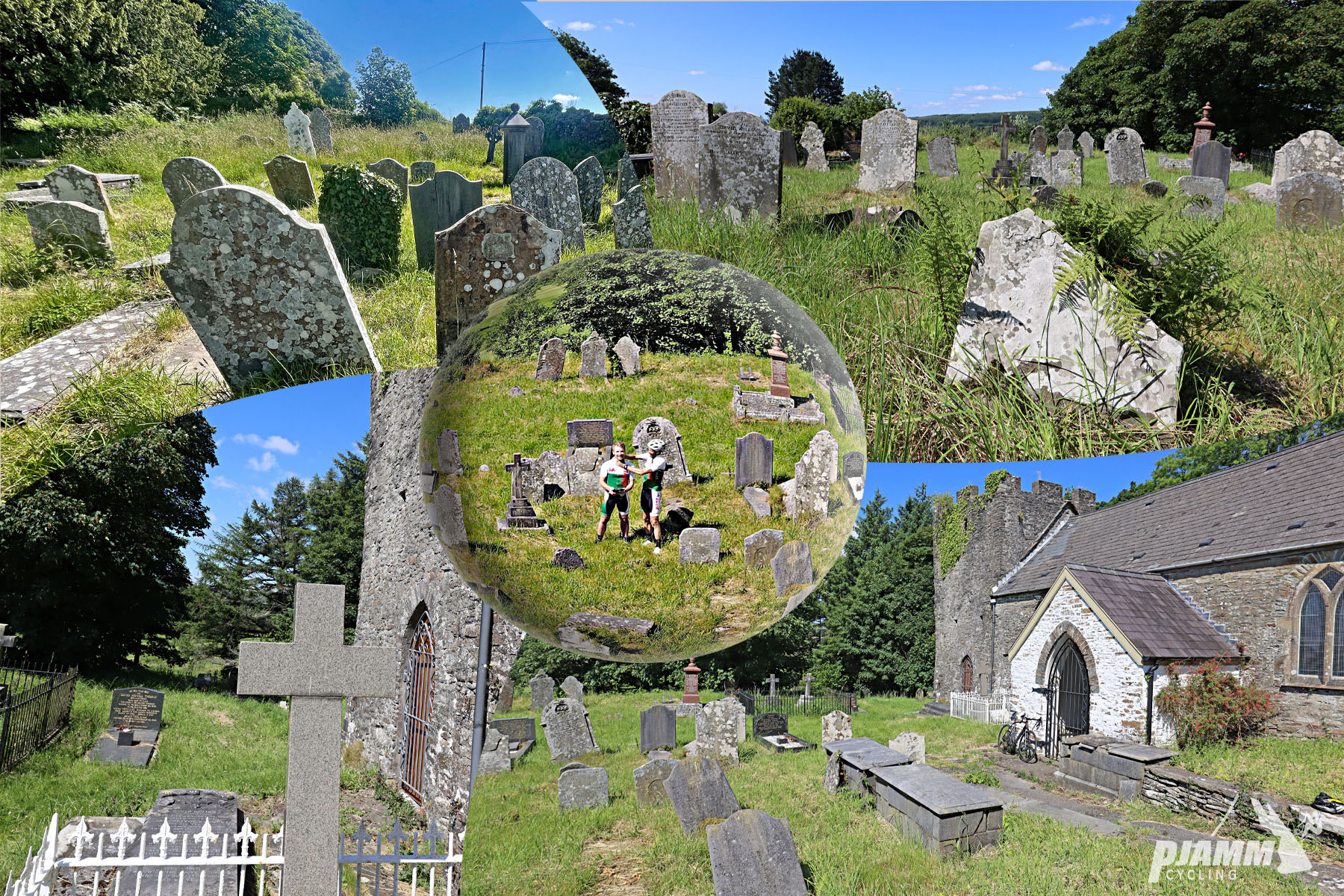 Cycling Llanguicke Road, Wales photo collage shows PJAMM Cyclists standing among headstones in cemetery at historic Llangiwg Church at climb's finish