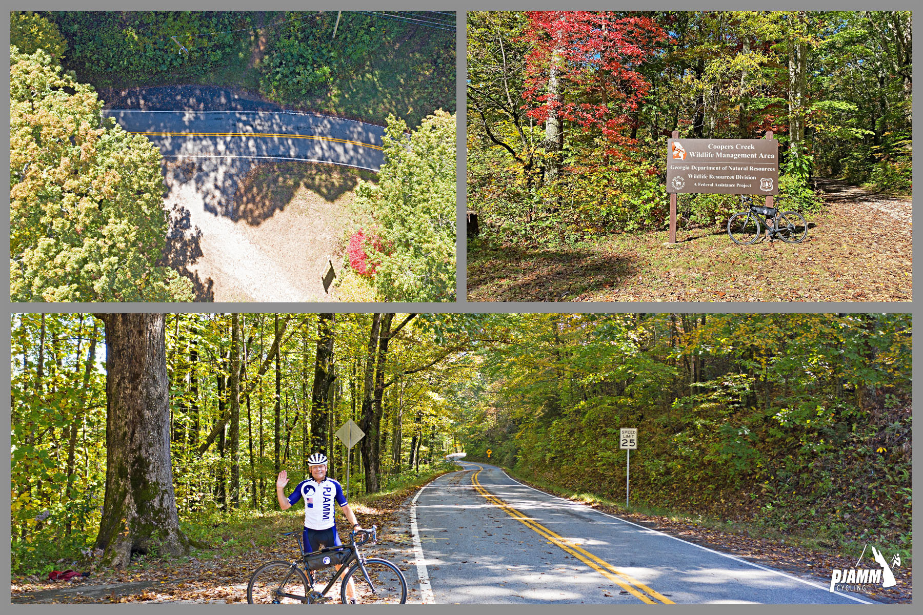Cycling Wolfpen Gap East, Georgia - climb's finish at Wolfpen Gap, John Johnson standing along two-lane roadway, waving with bike, PJAMM Cycling logo in corner