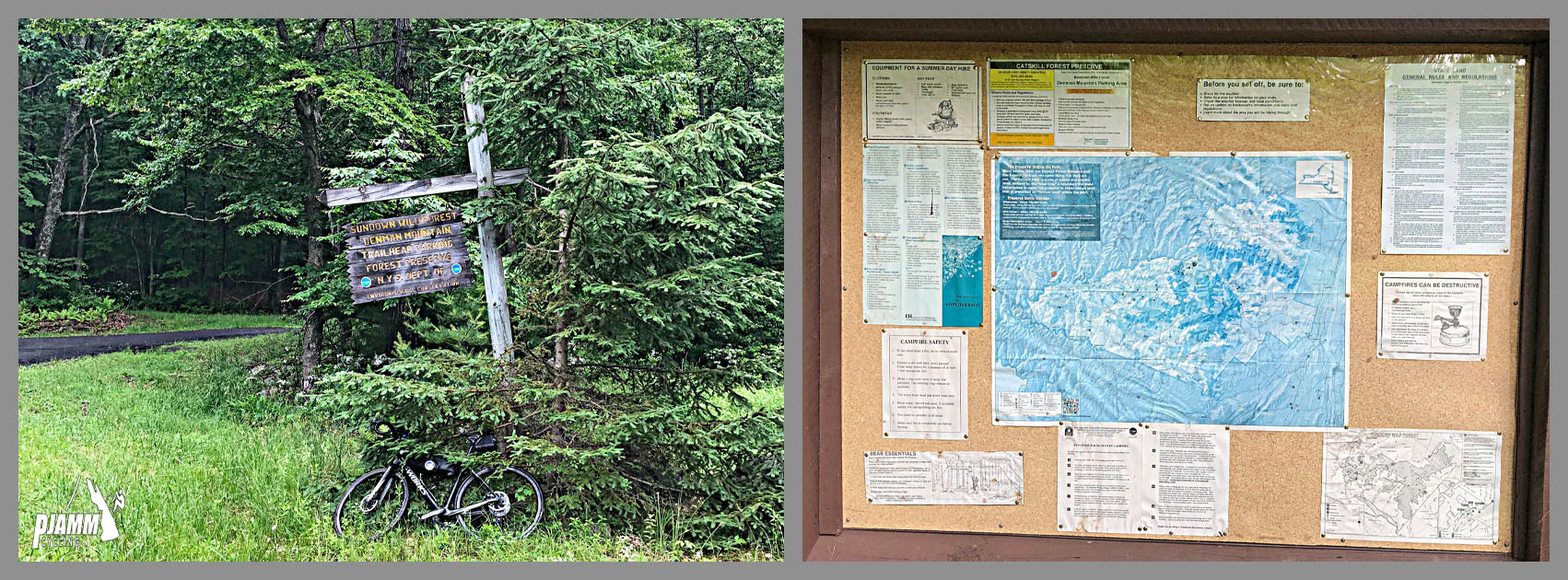 Cycling Glade Hill Road, Grahamsville, New York - climb's finish at a sign next to evergreen trees, informational posters and signage