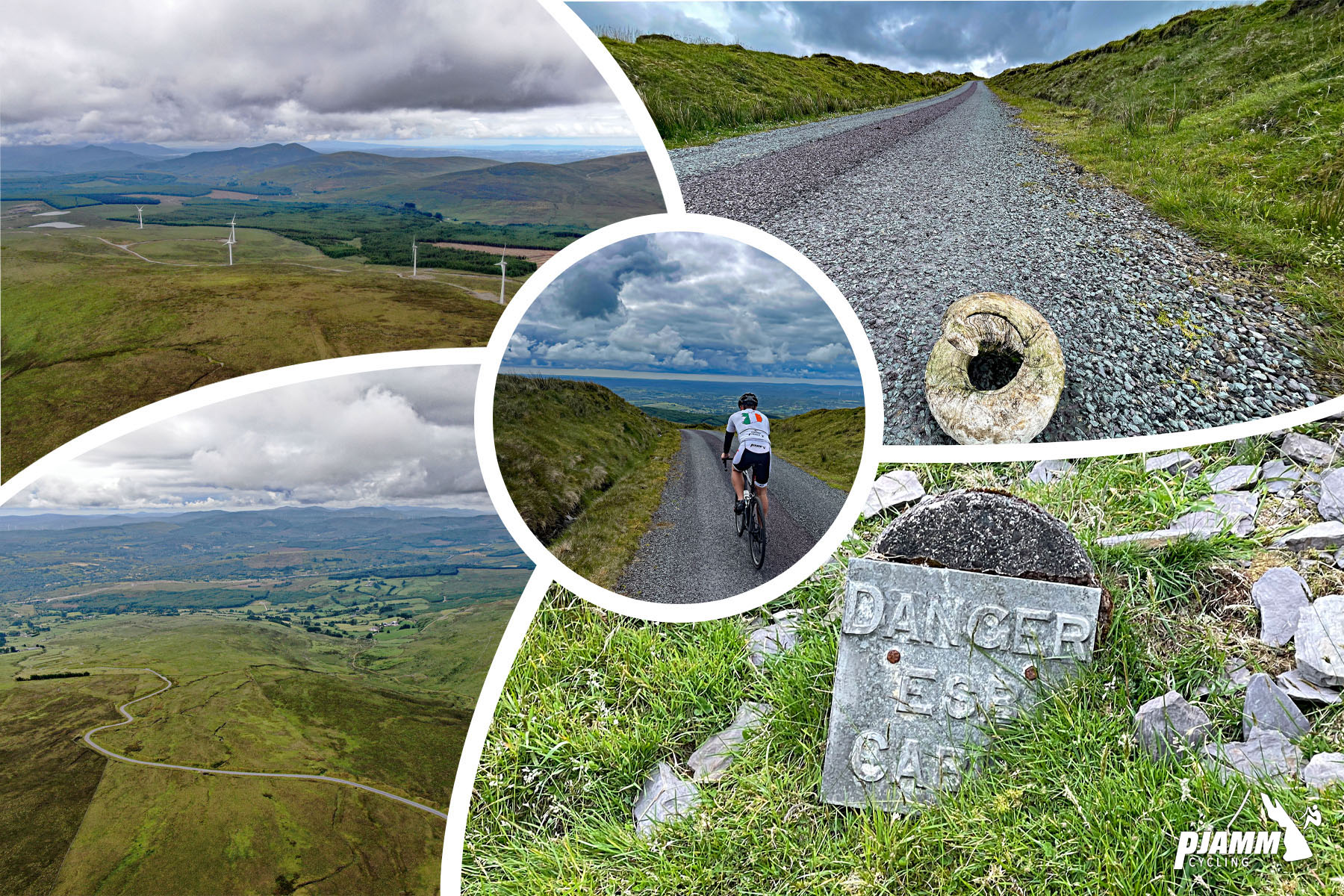 photo collage shows views middle section of climb, green pastures, large sheep horn on roadway