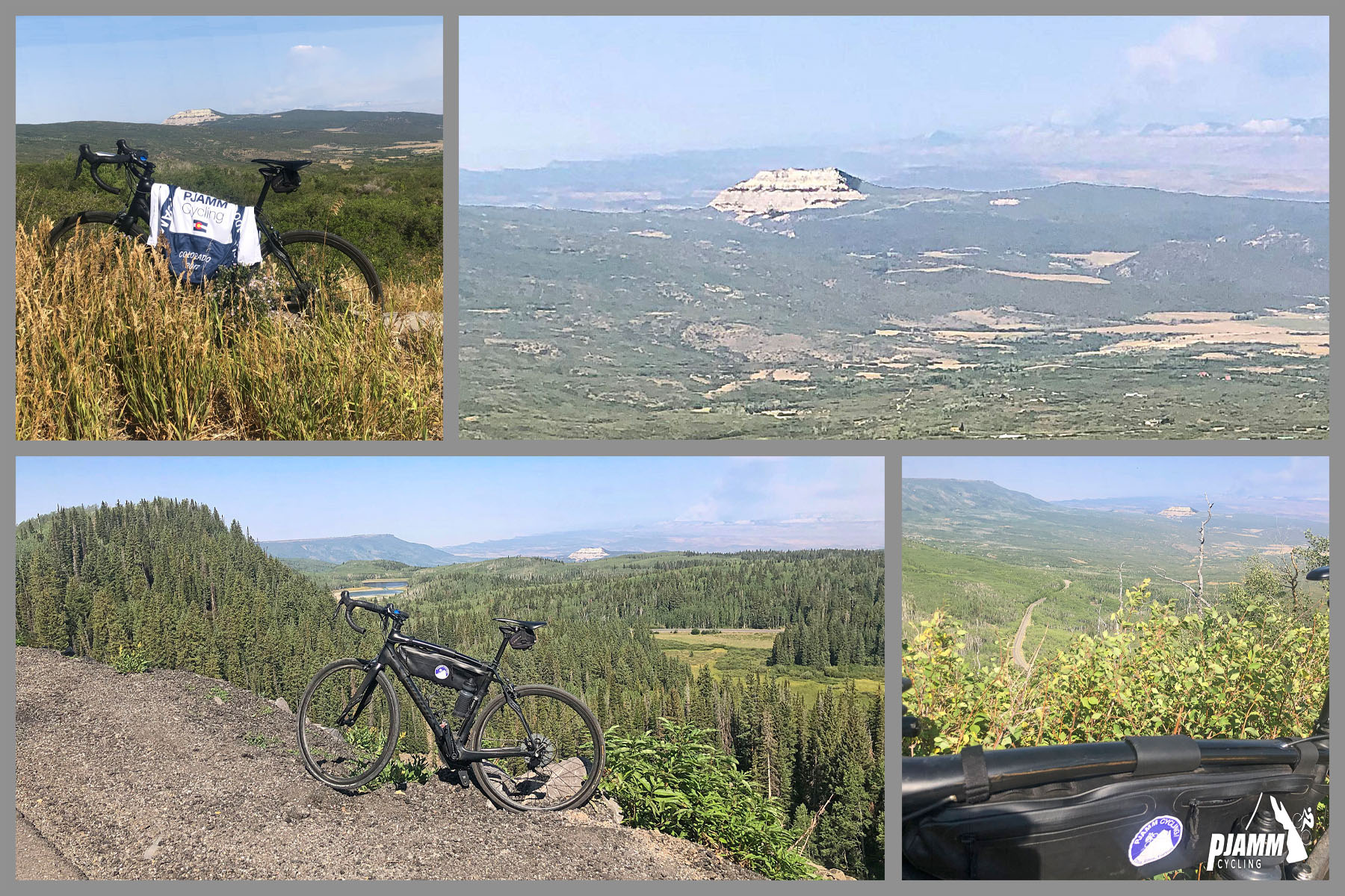 Cycling Grand Mesa North Cycling Grand Mesa North - photo collage, PJAMM Cycling logo in corner, distant view of white mountain (Chalk Mountain) from above, bike with PJAMM Cycling jersey draped over it parked in grass overlooking Chalk Mountain