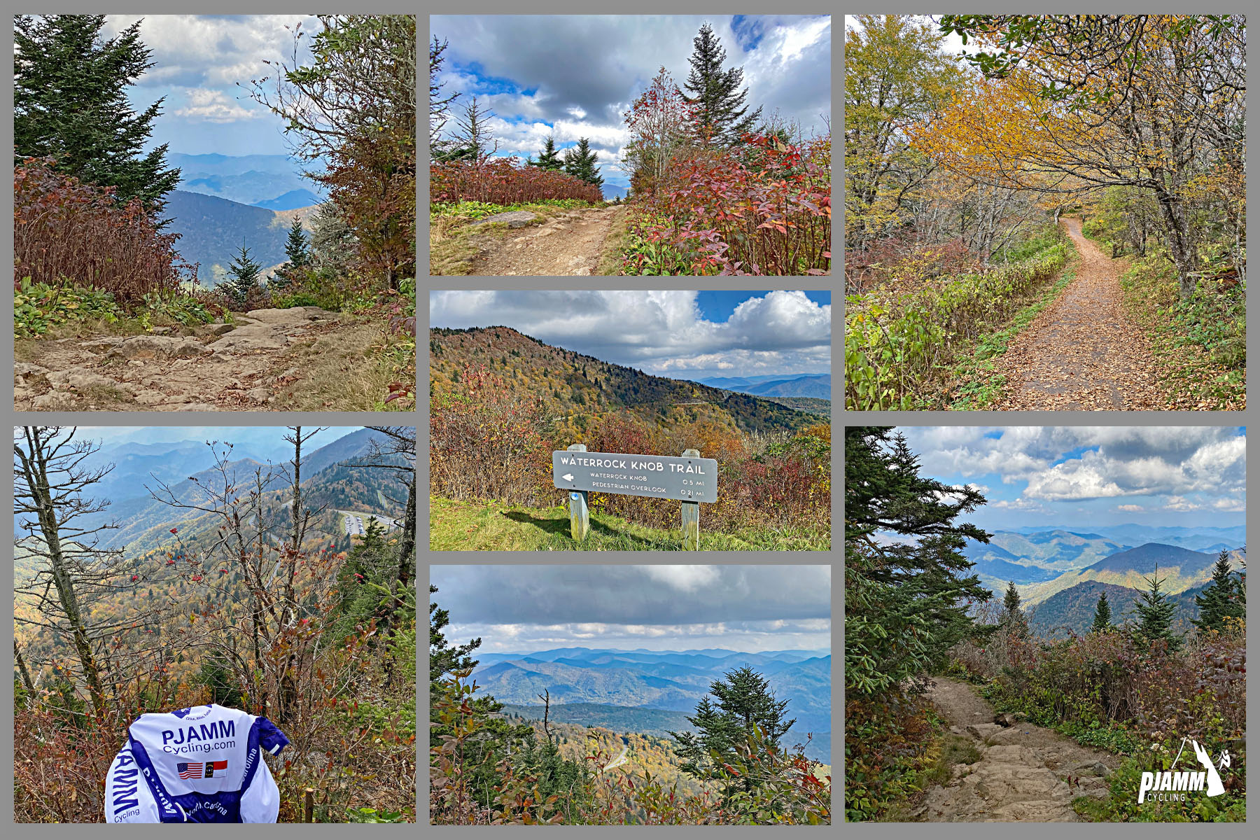 Cycling Waterrock Knob from Highway 19, North Carolina - photo collage, Blue Ridge Parkway views from the hillside, forestation, PJAMM Cycling jersey, trail sing for Waterrock Knob hike