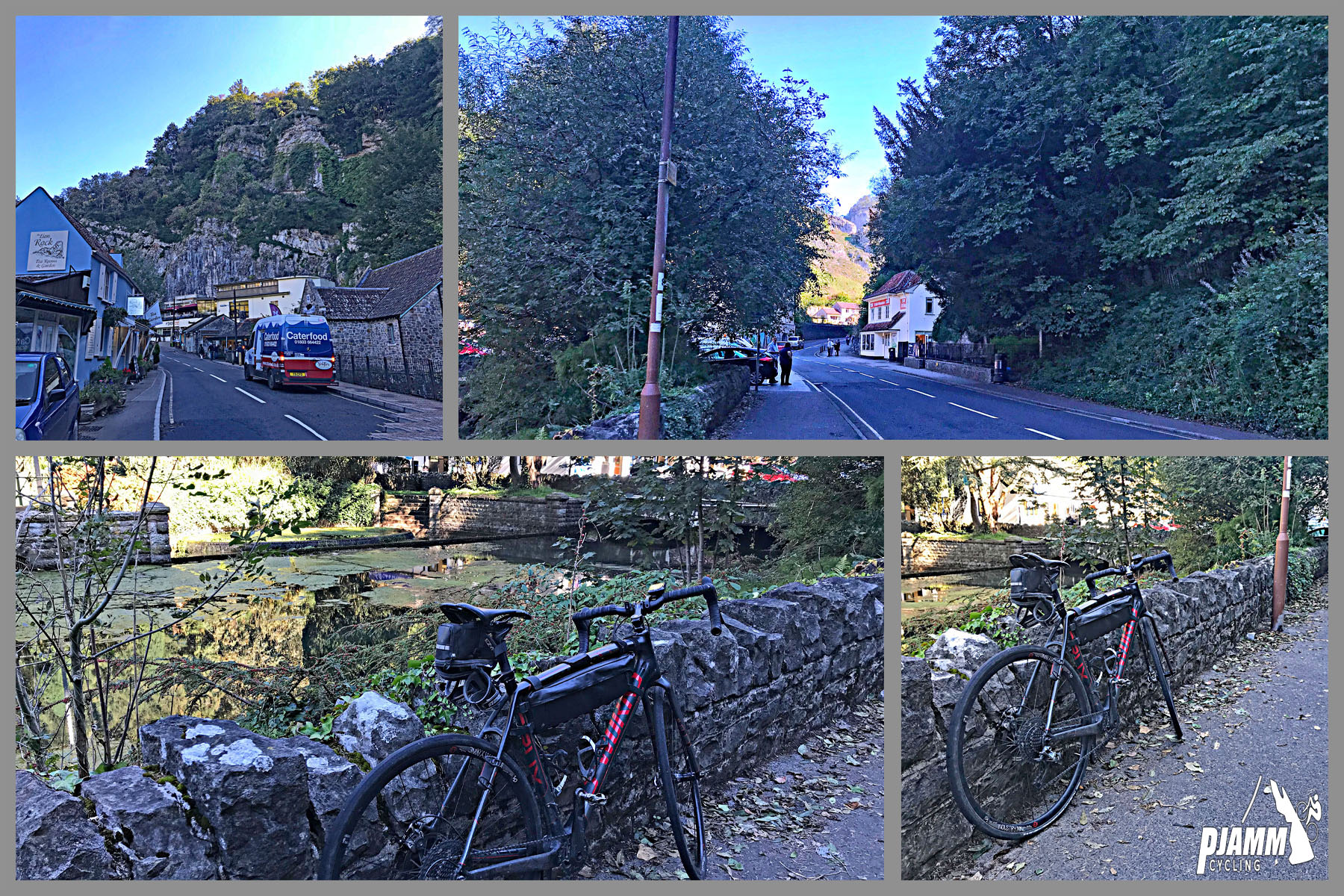 Cycling Cheddar Gorge - bus on road, gift shops and cheese shops, bike leaning against low rock wall