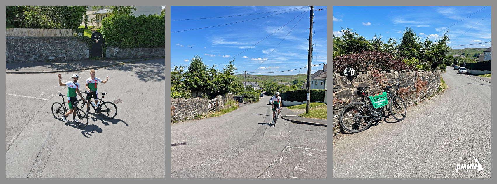 PJAMM Cyclists stand with bikes in roadway at climb finish and wave to camera, stone wall behind them