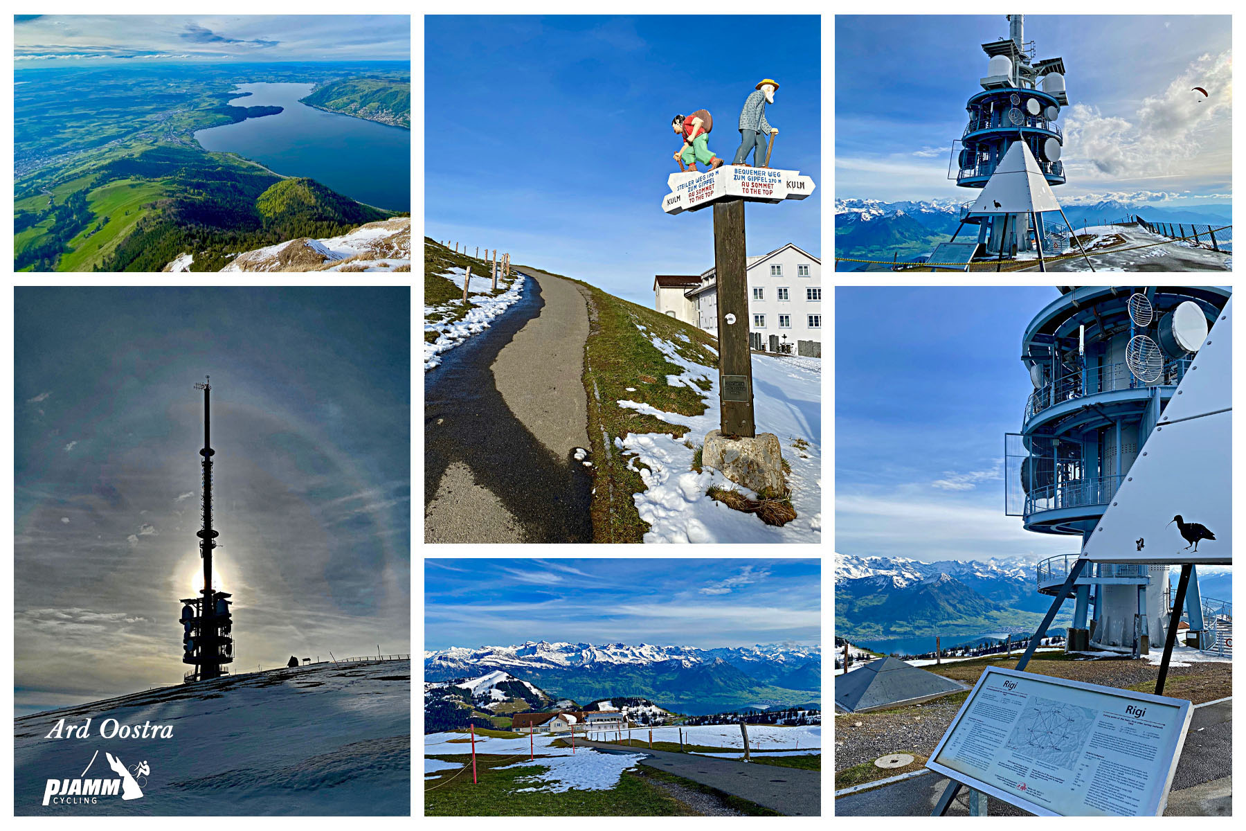 Cycling Mount Rigi, Switzerland - climb finish shows snow on summit during May, road signs, views looking down at lake