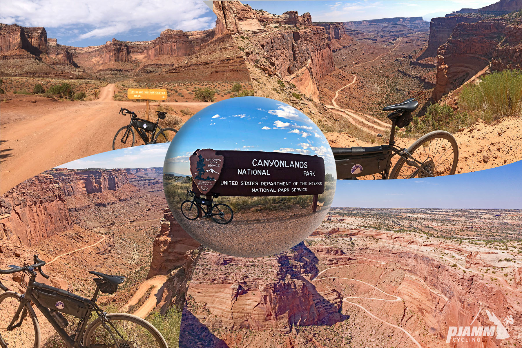 Cycling Shafer Trail, Canyonlands National Park - photo collage, PJAMM Cycling logo in corner, bike parked at various locations on roadside overlooking steep and sudden drop down into canyon, bike parked on flat roadway before climb's beginning, bike parked against large NPS sign for Canyonlands National Park, aerial drone view looking down into the canyon with switchback roads carved into canyonside
