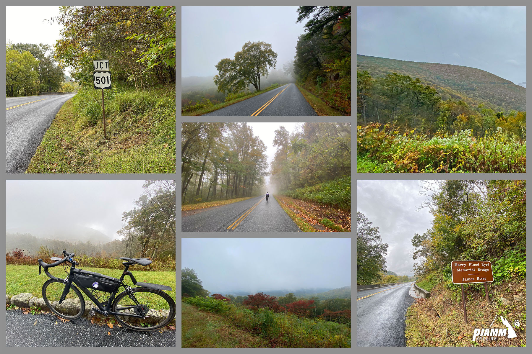 Cycling Thunder Ridge, Blue Ridge Parkway, Virginia - misty, overcast views along the climb, PJAMM Cycling logo in corner
