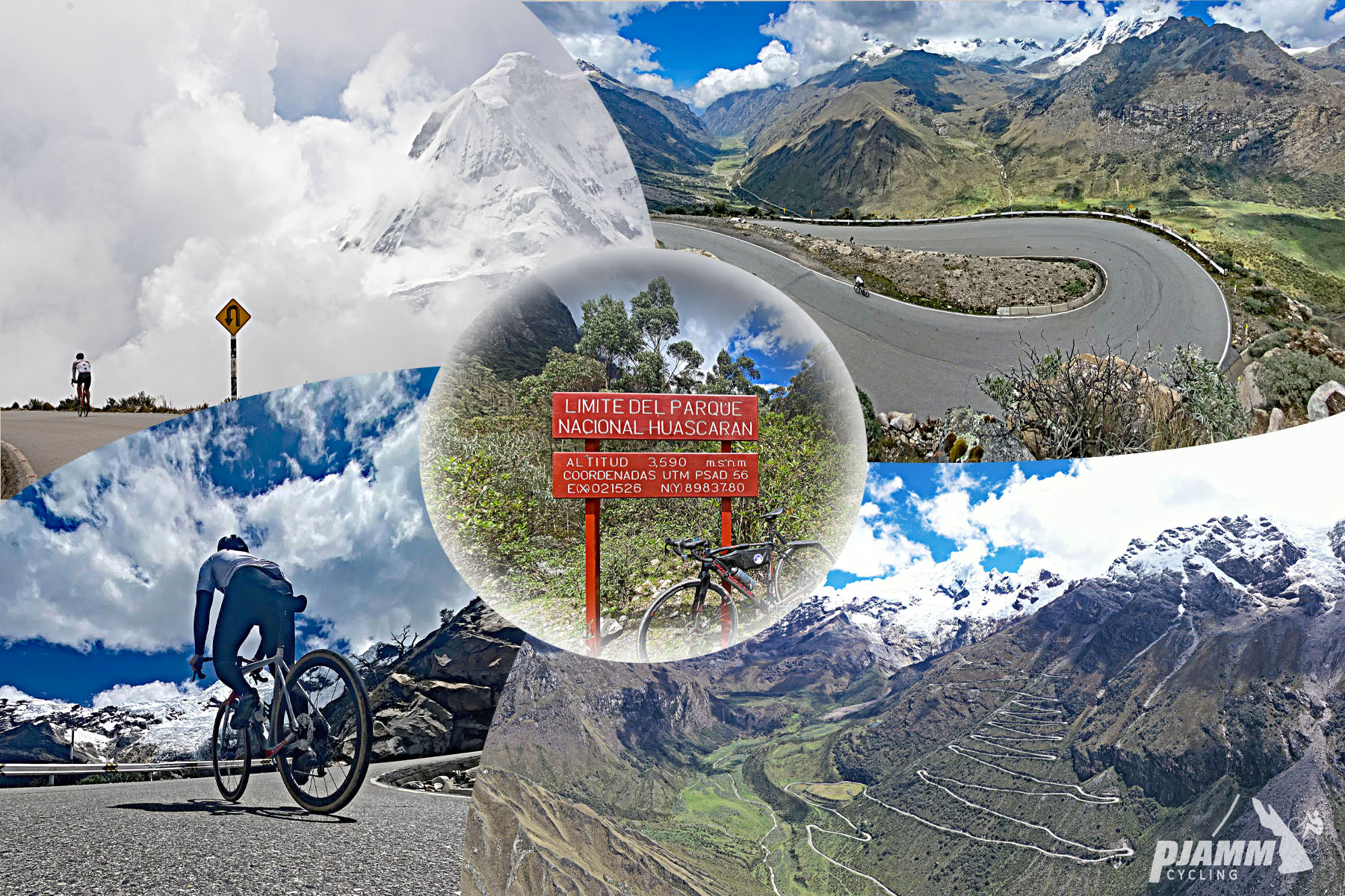 photo collage; PJAMM Cycling logo in corner, bike parked next to red sign for Parque Nacional Huascaran; PJAMM Cyclist rides with snowy mountain peaks in front of him