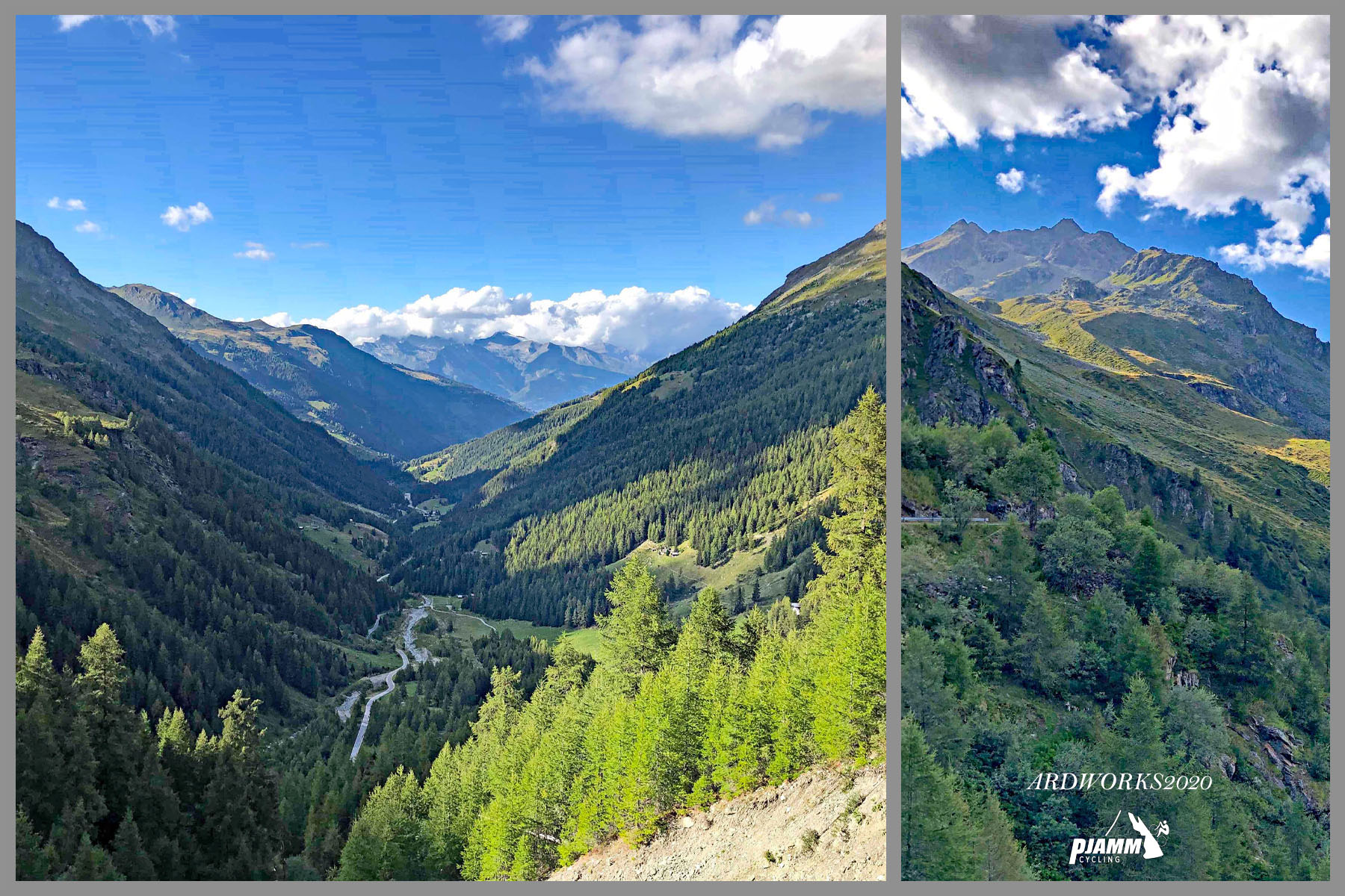 Cycling Barrage de la Grande Dixence, Switzerland Cycling Barrage de la Grande Dixence, Switzerland - view looking down mountainside, evergreen trees, river running through valley between mountains, Swiss Alps, PJAMM Cycling logo in corner