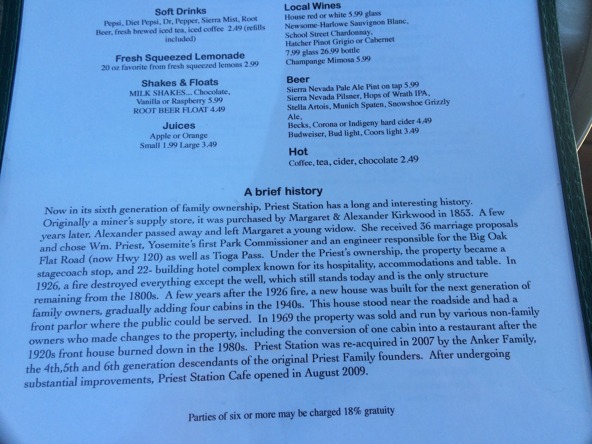 Cycling Old Priest Grade - Priest Station Cafe menu