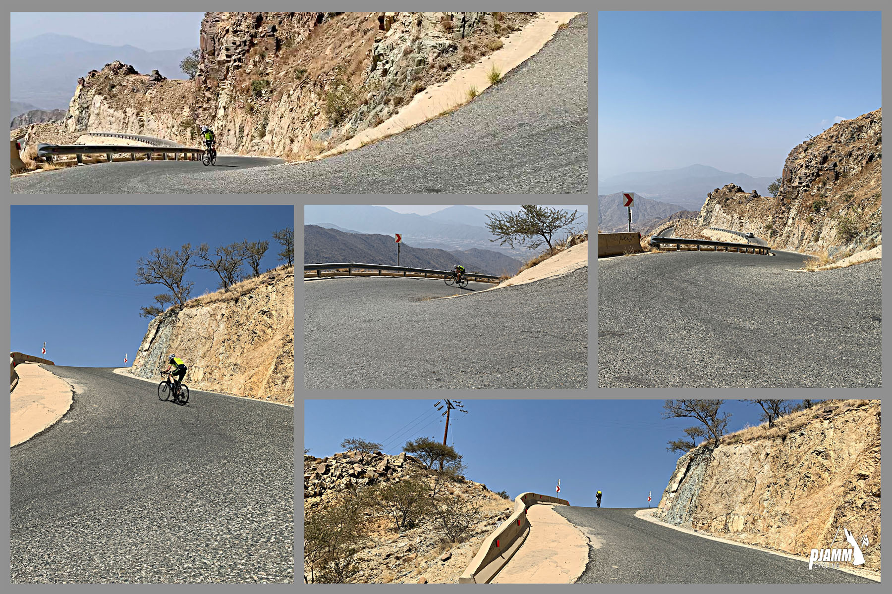 Cycling Sinan Road (Al Meger), Saudi Arabia - photo collage, PJAMM Cyclist John Johnson rides up steep mountain roadway, PJAMM Cycling logo in corner
