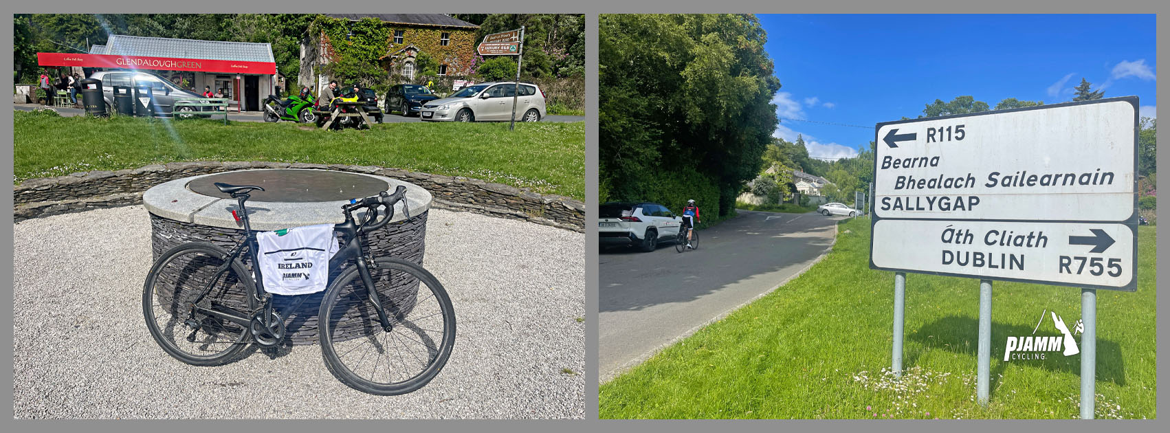 street signs point to Bearna, Bhealach Sailearnain, Sallygap, Ath Cliath, Dublin