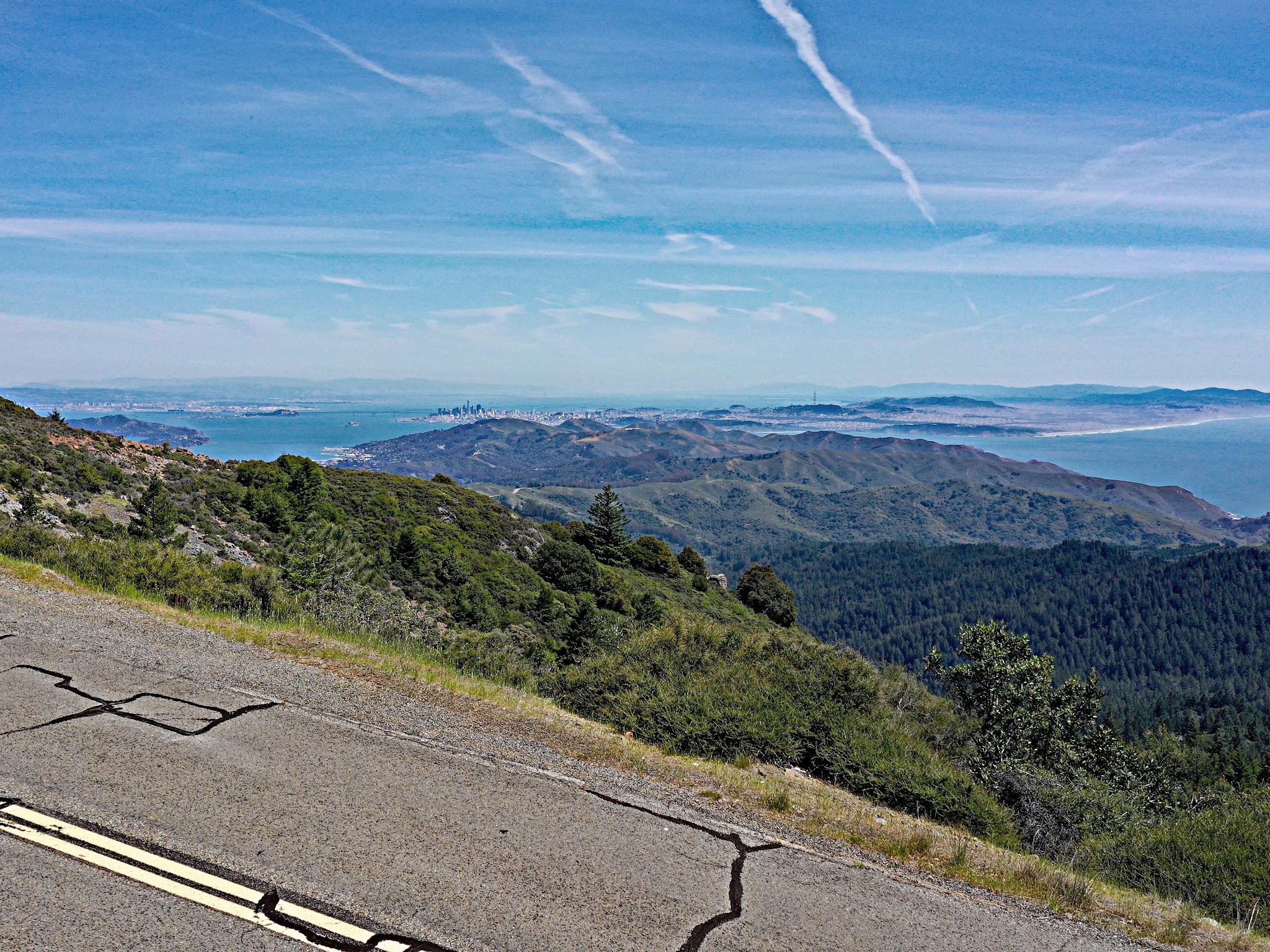 cycling Mt. Tamalpais from Fairfax Bolinas Road - view of San Francisco and the San Francisco Bay from the top. 