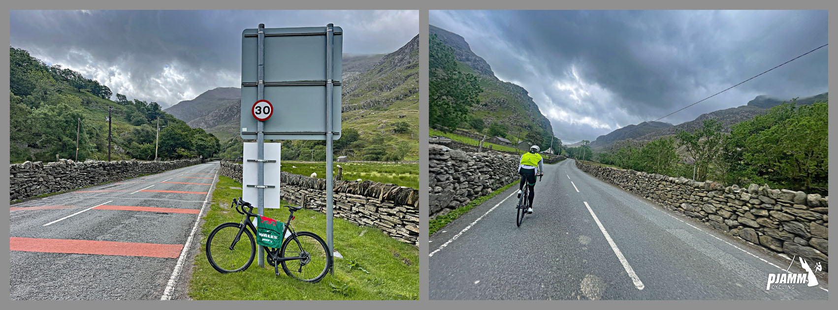 bike parked next to a 30 kph sign, PJAMM Cyclist rides on stone wall-lined roadway