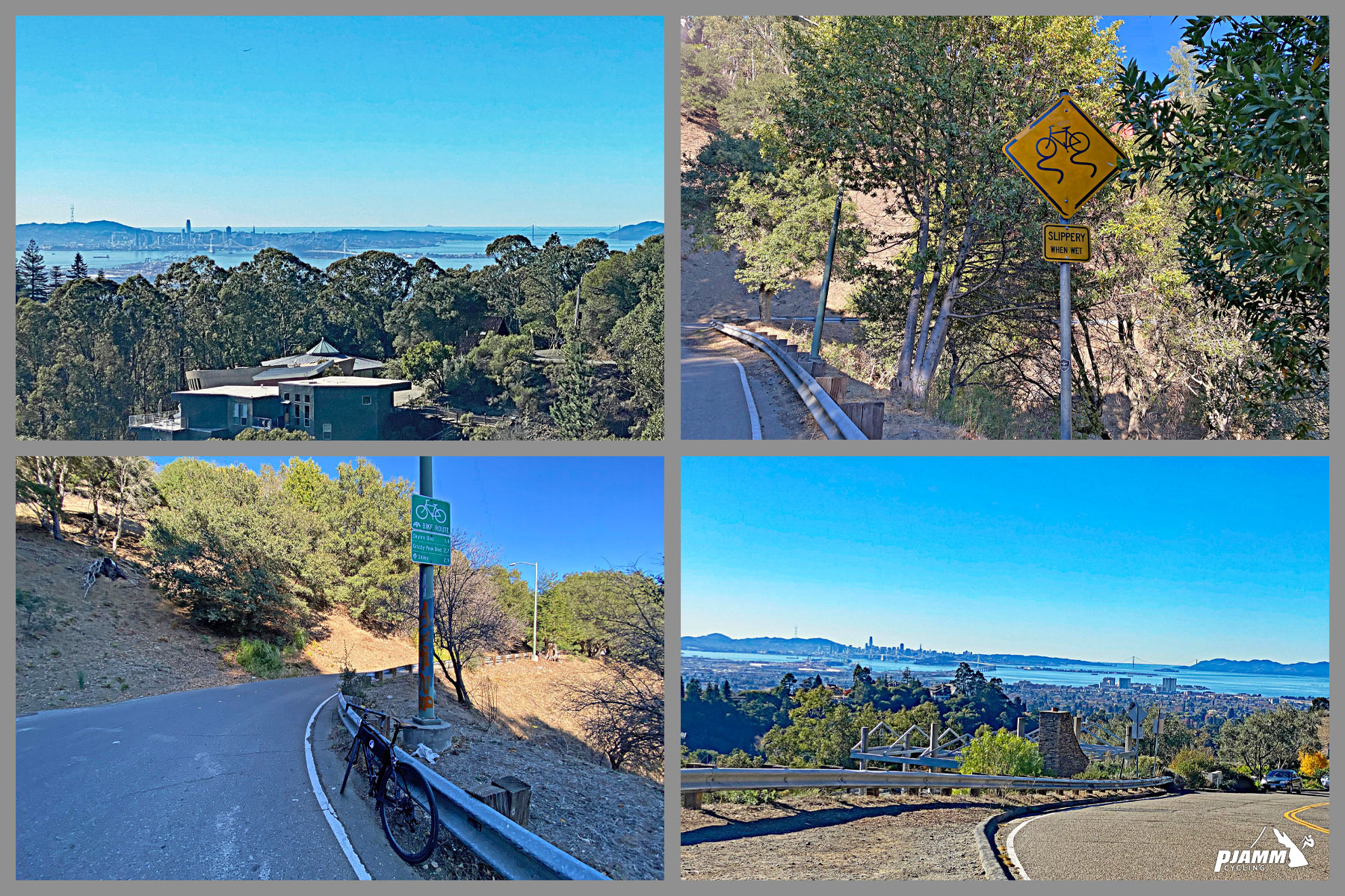 Cycling Tunnel to Grizzly Peak, California - photo collage, bike parked against guardrail by street sign, road looks out over city and bay views, sign for winding road and cyclists, PJAMM Cycling logo in corner