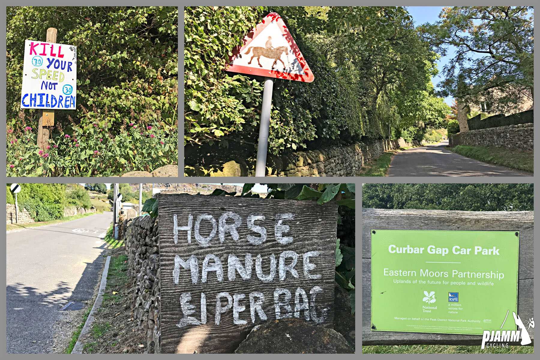 Cycling Curbar Edge, England - photo collage, handmade sign stating "Kill Your Speed Not Children", road sign noting that horses cross in this area, hand written sign for "Horse Manure for Sale," sign for Curbar Gap Car Park