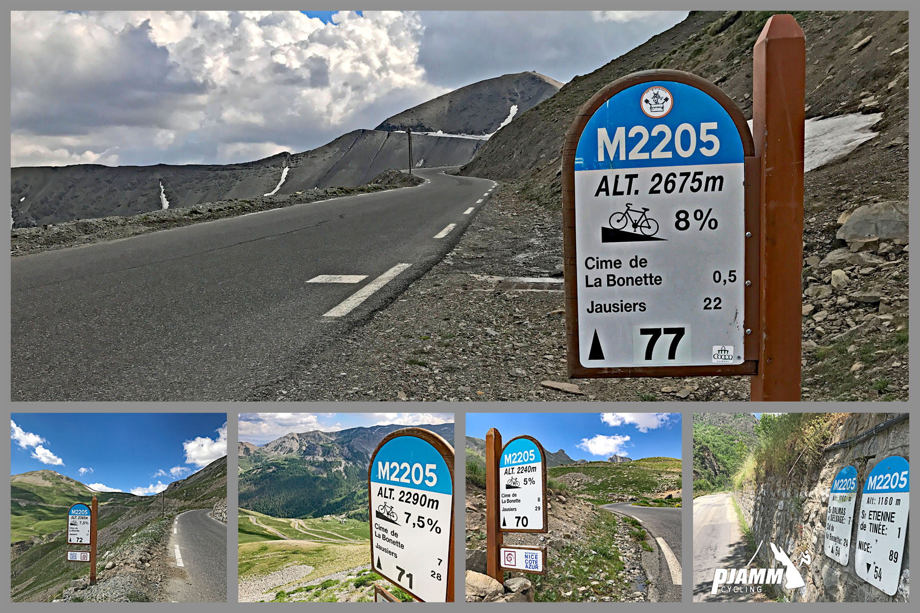 photo collage shows kilometer markers along the climb