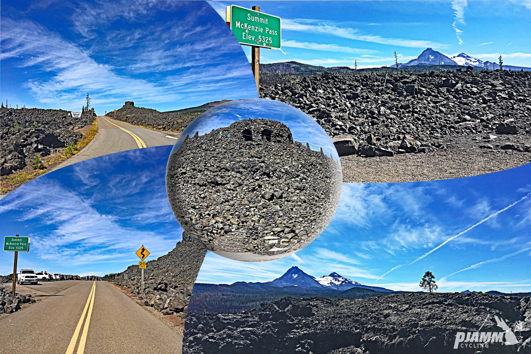 Climbing Mckenzie Pass East by bike- photo collage, lava field, summit sign, cascade mountains, ponderosa pines, road, Dee Wright Observatory