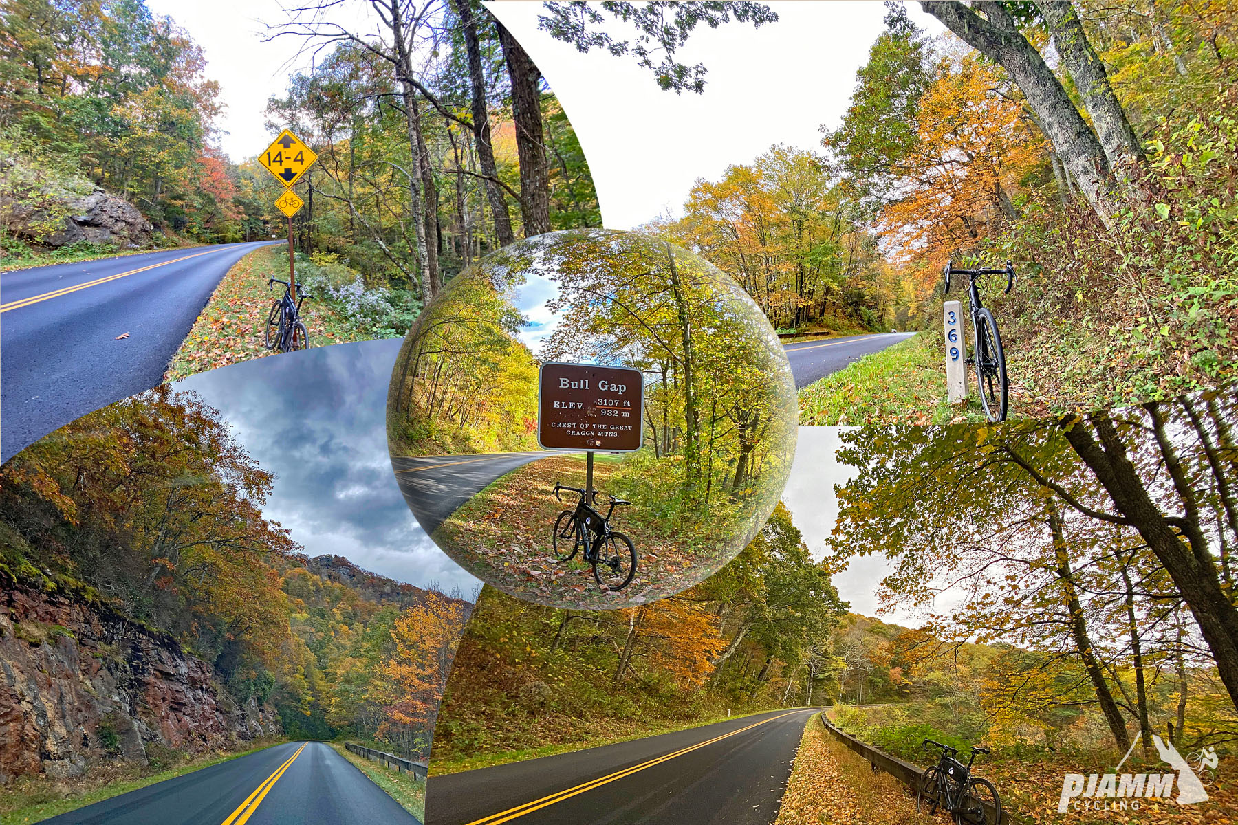 Cycling Blue Ridge Parkway to Craggy Gardens - photo collage, long stretches of two-lane roadway in pristine condition, dense and bright fall foliage, bike parked next to road sign for Bell Gap, BRP,  PJAMM Cycling logo in corner
