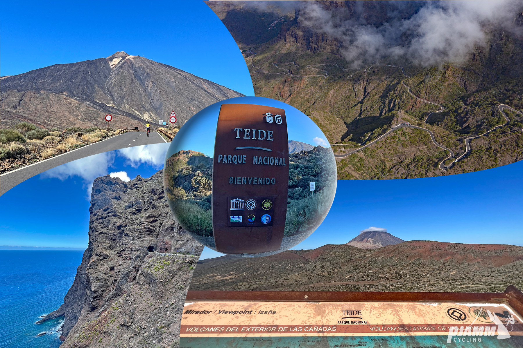photo collage shows views up the mountainside, seaside clifs, sign for Teide Parque Nacional