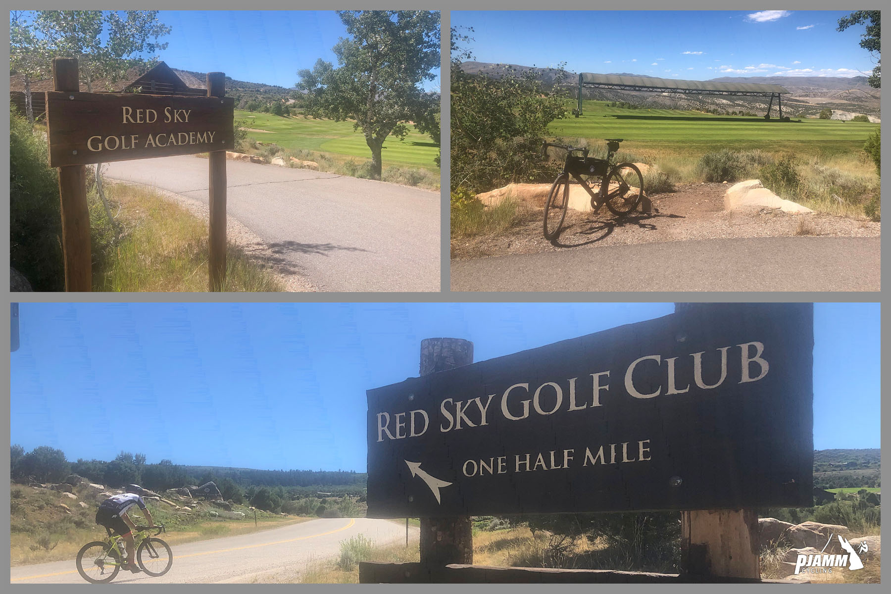 Cycling Bellyache Ridge, Colorado - photo collage, PJAMM Cycling logo in corner, cyclist climbing large wooden near sign for Red Sky Golf Club, sign at entrance of golf course, bike parked on roadside overlooking golf course