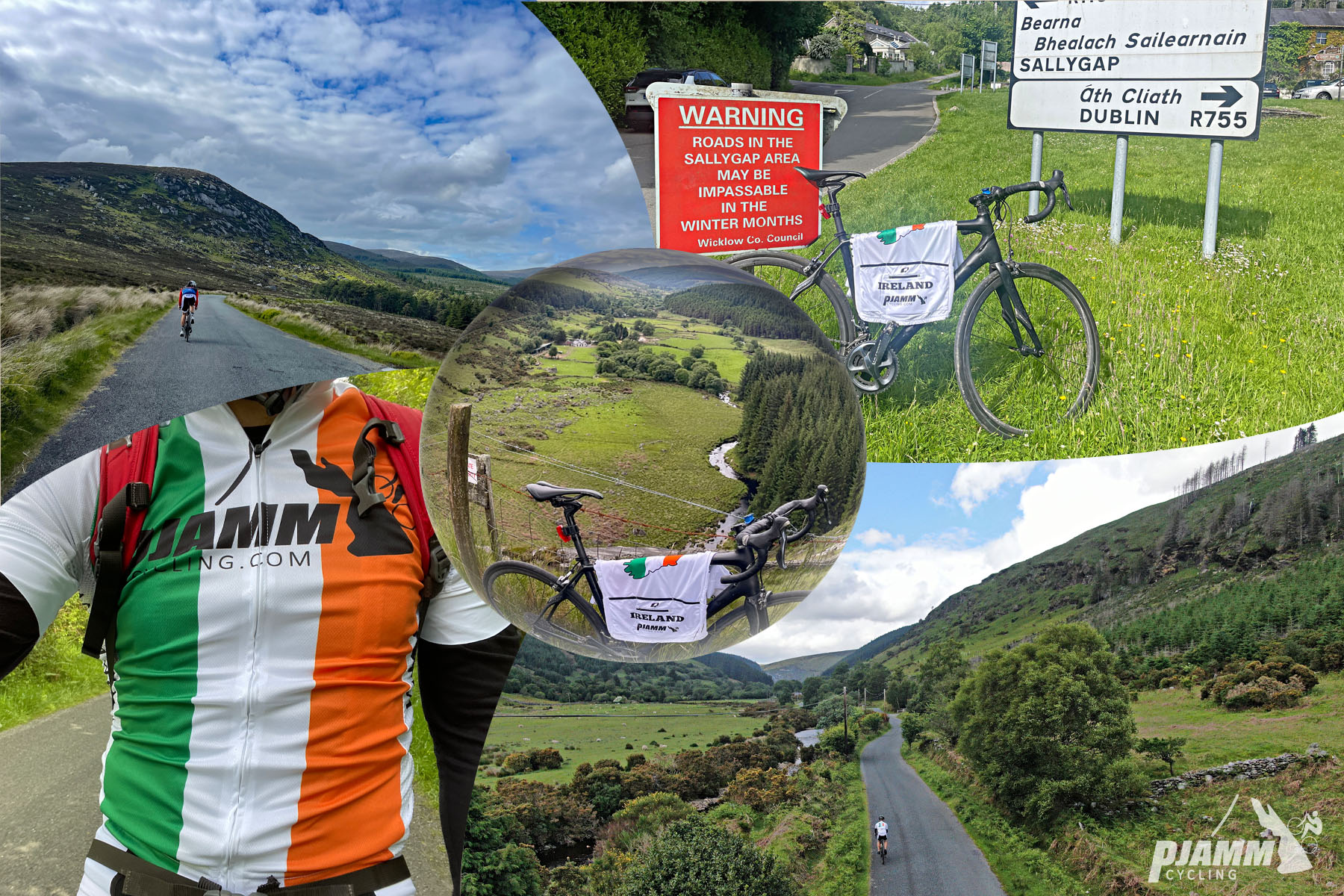 photo collage shows PJAMM Cyclist wearing PJAMM Cycling Ireland Jersey, bike parked next to street sign warning that roads in the area may be impassible in winter