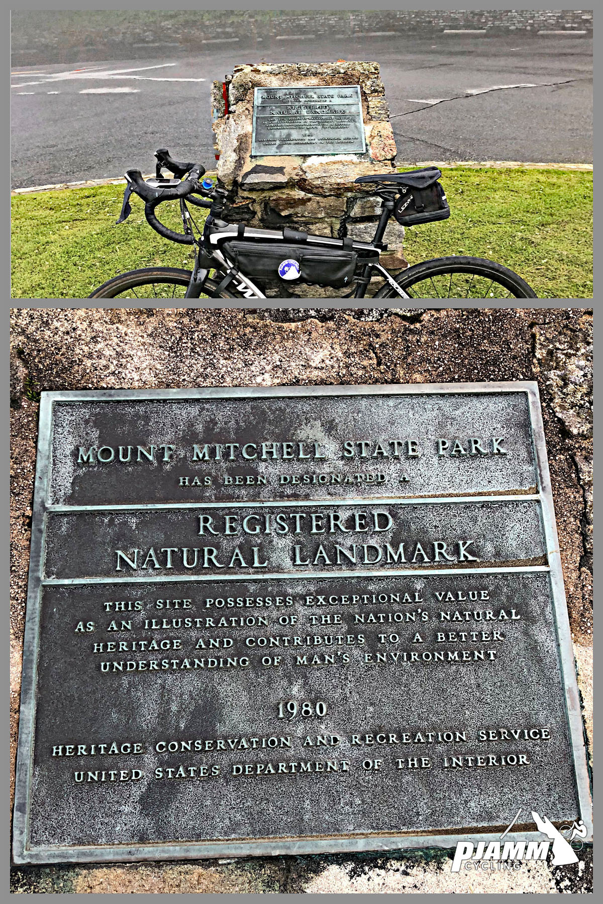 Climbing Mt. Mitchell by bike - placard for Mount Mitchell State Park, Registered Natural Landmark