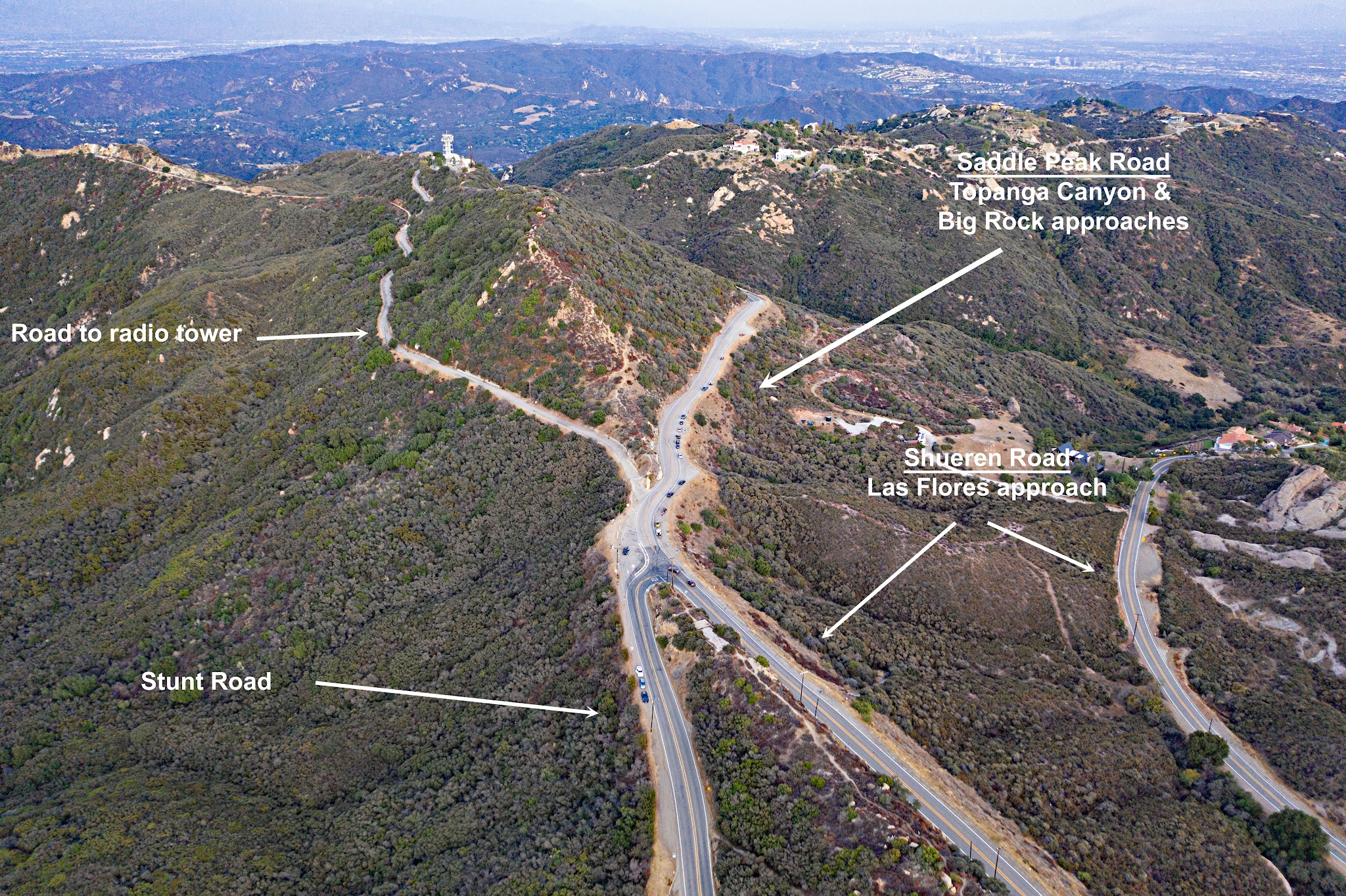 Cycling Topanga Canyon Boulevard to Stunt Road - aerial view of climb shows climb overview