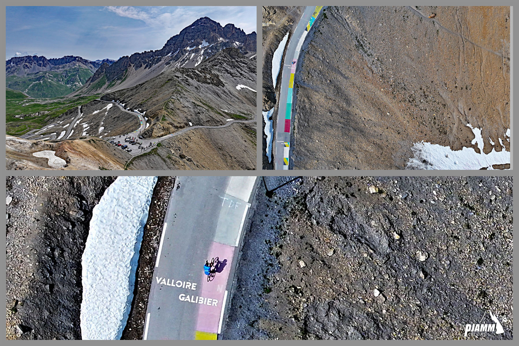 Cycling Col du Galibier & Telegraphe: aerial drone view shows final 50 meters of climb, roadside painted with colorful blocks, remnants of Tour de France