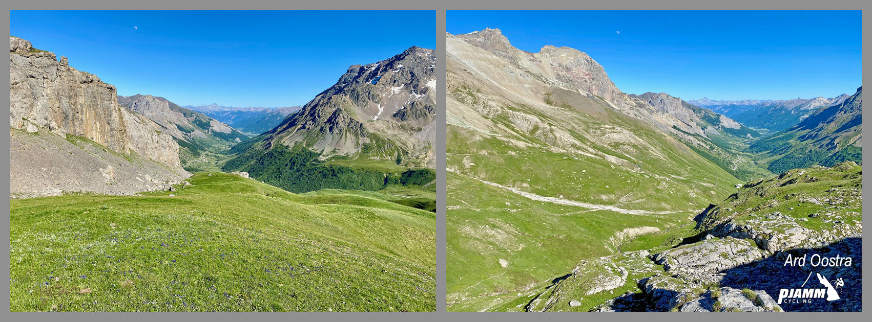 views of grand alps looking back toward Col du Lautaret near the finish of the climb; road can be seen in distance