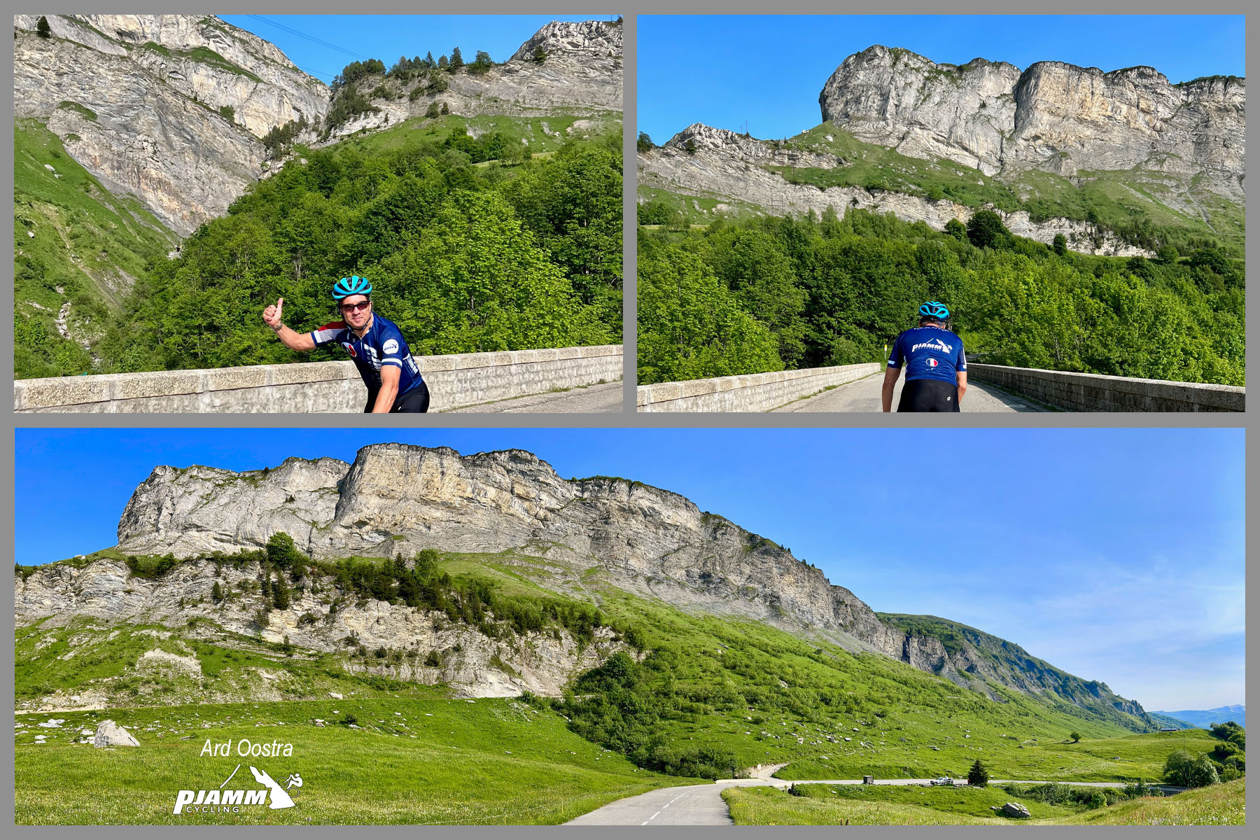 PJAMM cyclist Ard Oostra on his ascent up Cormet de Roseland; green hillsides and stunning rock faces