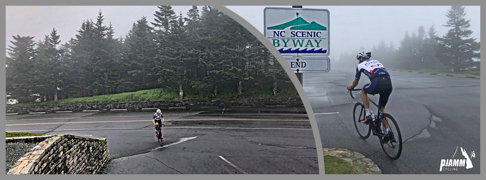 Climbing Mt. Mitchell by bike - grey sky at climb's finish, cyclist pulling into end of climb