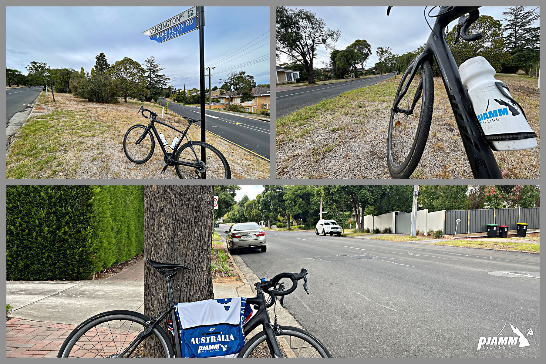 Cycling Kensington Road Lookout, Wattle Park, Australia bike parked at climb beginning, at intersection of Penfold and Kensington Roads