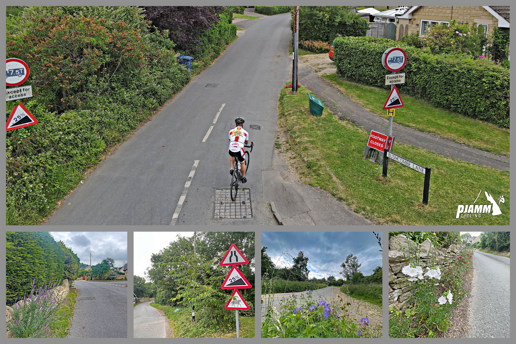 Aerial drone view of PJAMM Cyclist riding on Bushcombe lane next to road sign for 25% grade